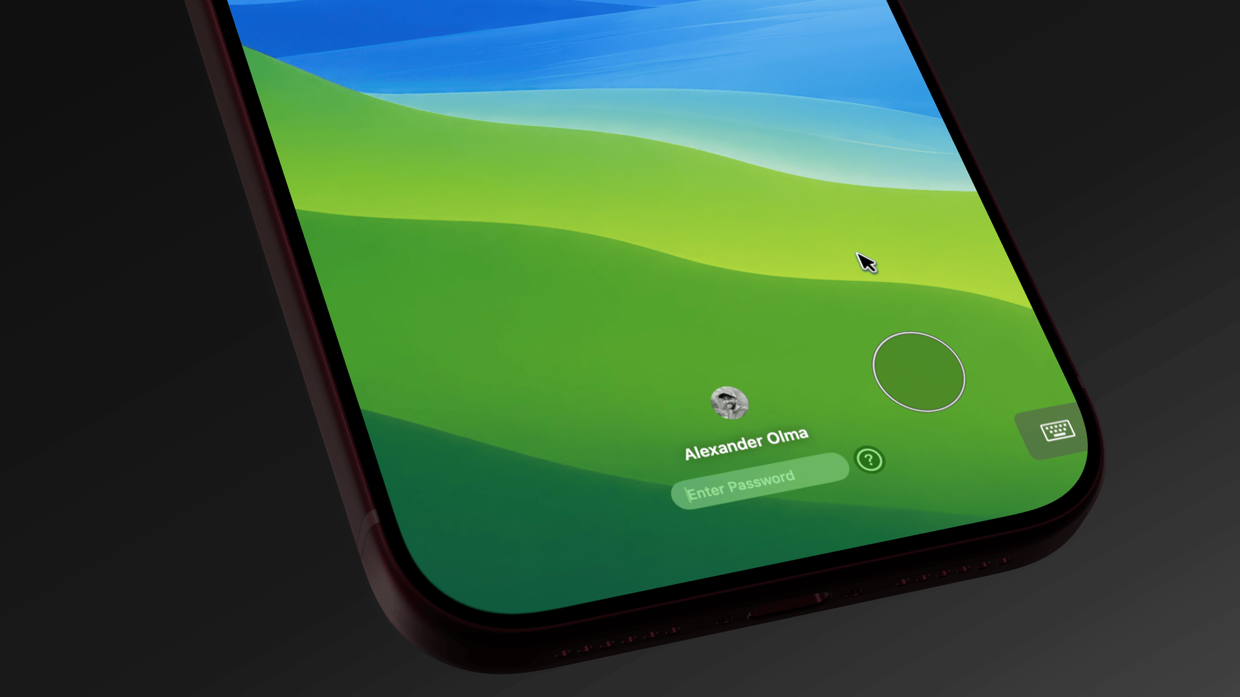 Close-up of a smartphone displaying a login screen with abstract green and blue background. The login prompt shows a user icon and the name Alexander Olma, along with a password entry field and icons for help and keyboard.