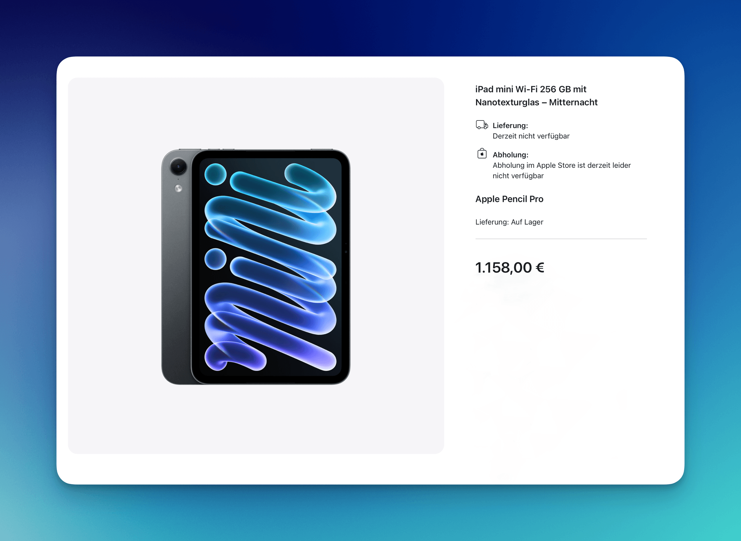 Product page showing an iPad mini Wi-Fi 256 GB with Nanotexture Glass in a dark color, displayed on the left. On the right, the product details and price of 1,158.00 euros are visible, along with availability notes regarding delivery and in-store pickup.