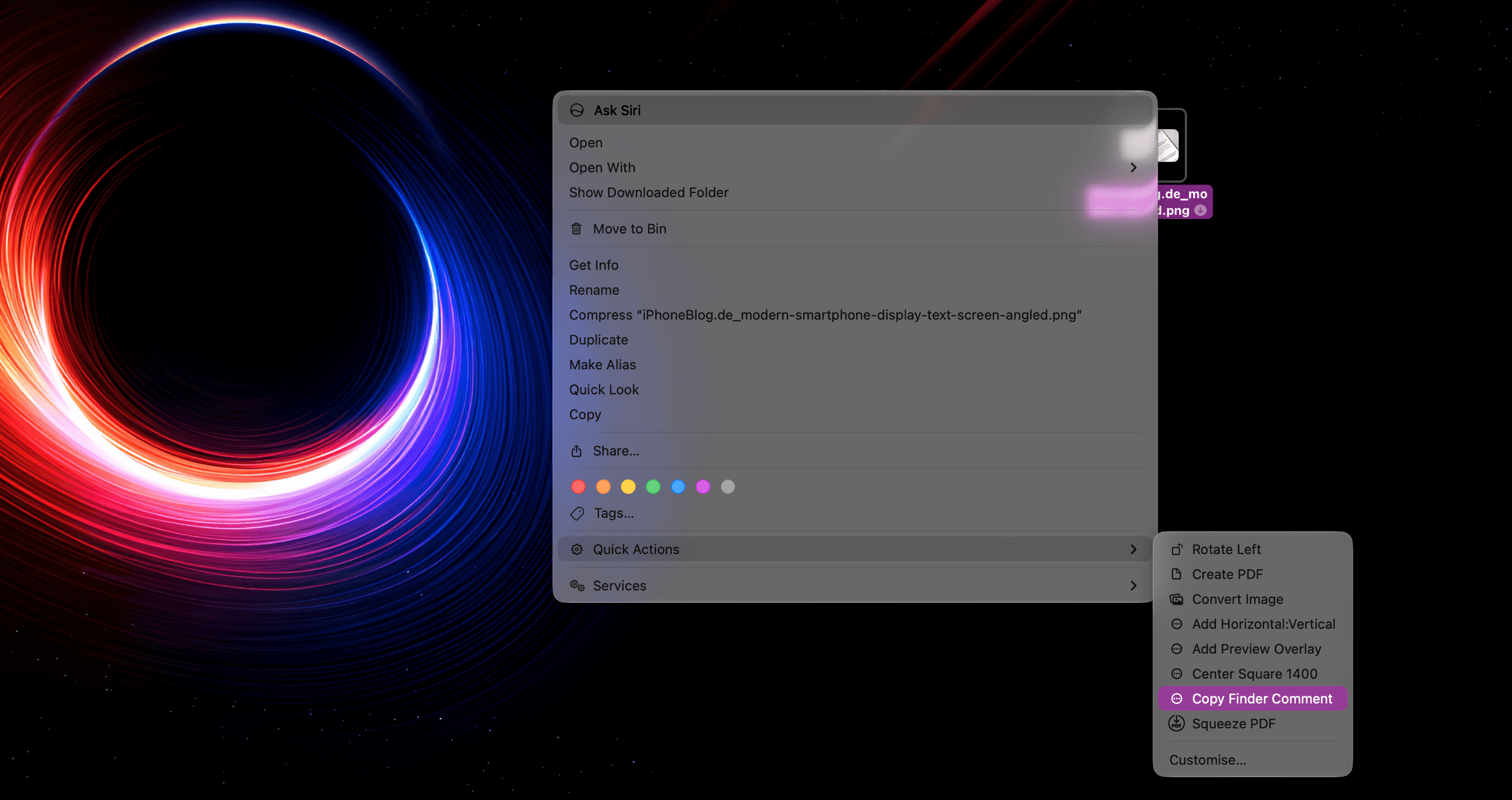 Screenshot of a macOS context menu opened on a desktop with a dark abstract planet-like background with a glowing ring of red, purple, and blue light. The context menu shows options like Open, Move to Bin, Rename, Compress, Duplicate, Copy, Quick Actions, and Services.