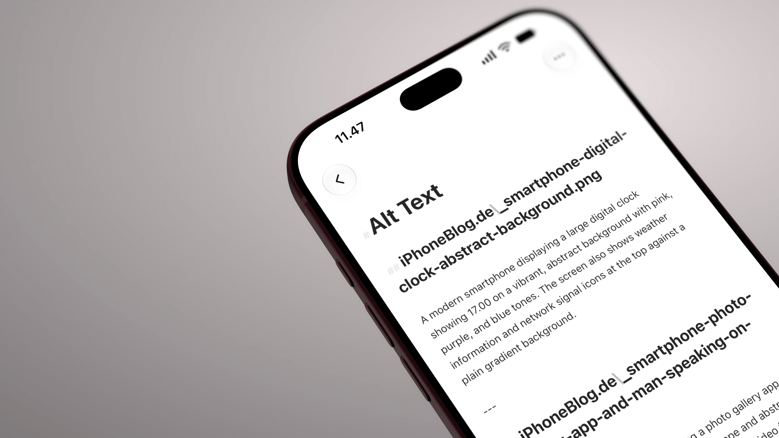 A close-up view of a modern smartphone screen angled diagonally, showing digital clock and network icons at the top against a plain gradient background with text content below it. The phone has a dark frame and slim bezels.
