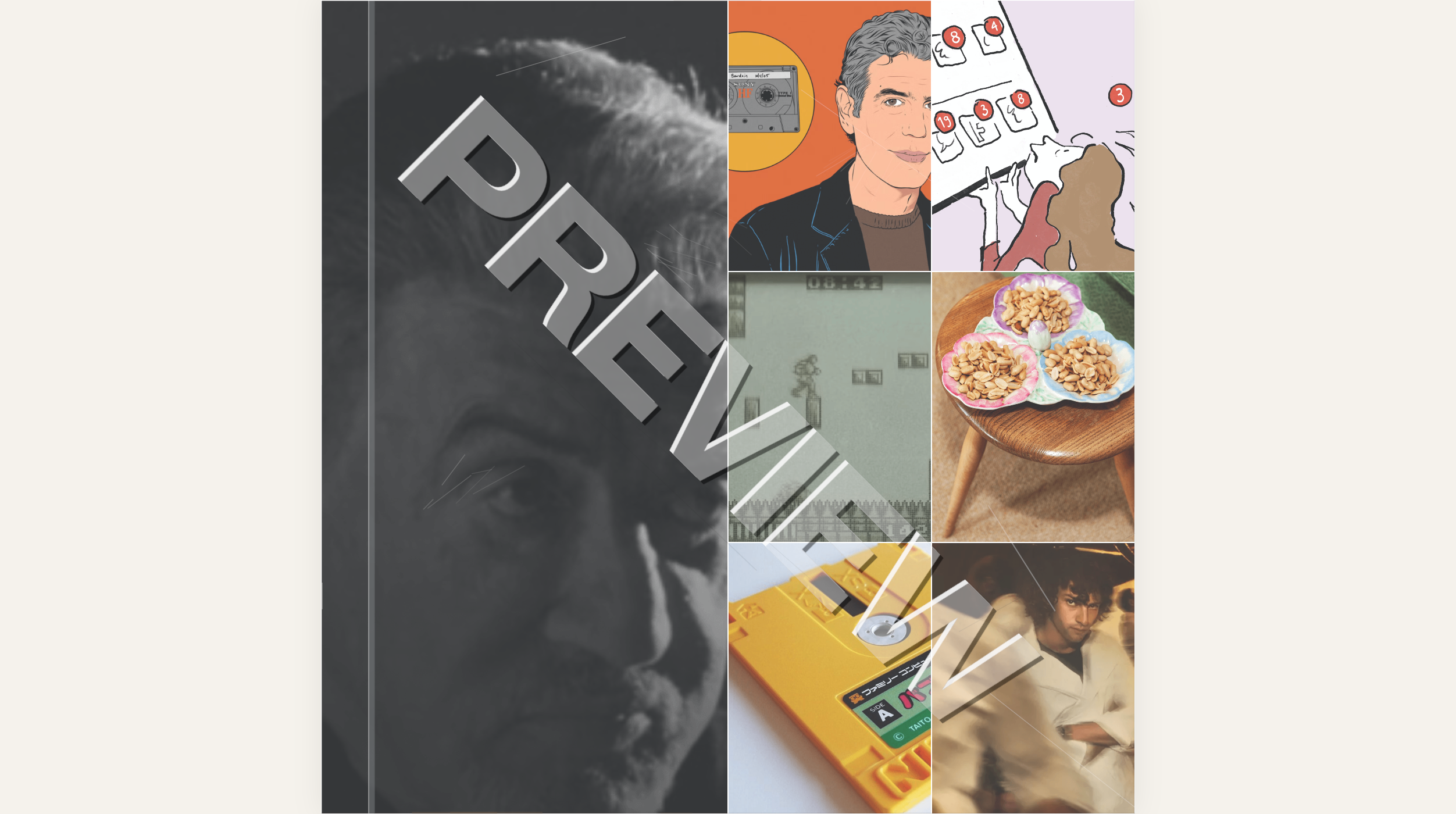 Eine Collage aus sechs Bildern, die ein großes schwarz-weißes Porträt eines älteren Mannes, eine Illustration eines Mannes mit einem Kassettensymbol, eine Zeichentrickfigur mit digitalen Benachrichtigungen, einen Retro-Videospiel-Screenshot, eine Schale mit Erdnüssen auf einem Holzhocker, eine gelbe Videospiel-Diskette und ein verschwommenes Porträt einer jungen Person zeigt.