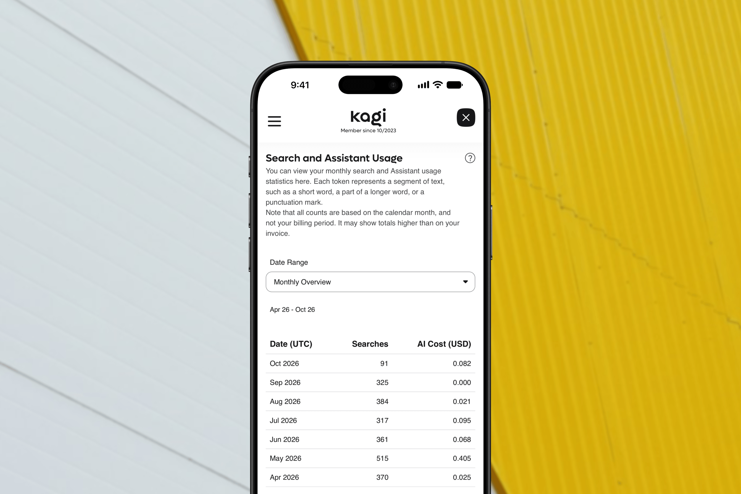 A smartphone displaying a webpage from Kagi showing search and assistant usage statistics by month from April to October 2026, including the number of searches and AI cost in USD. The background is a close-up of a wall with diagonal light gray and yellow panels.