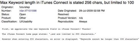 rdar___7101598_ Max Keyword length in iTunes Connect is stated 256 chars, but limited to 100.jpg