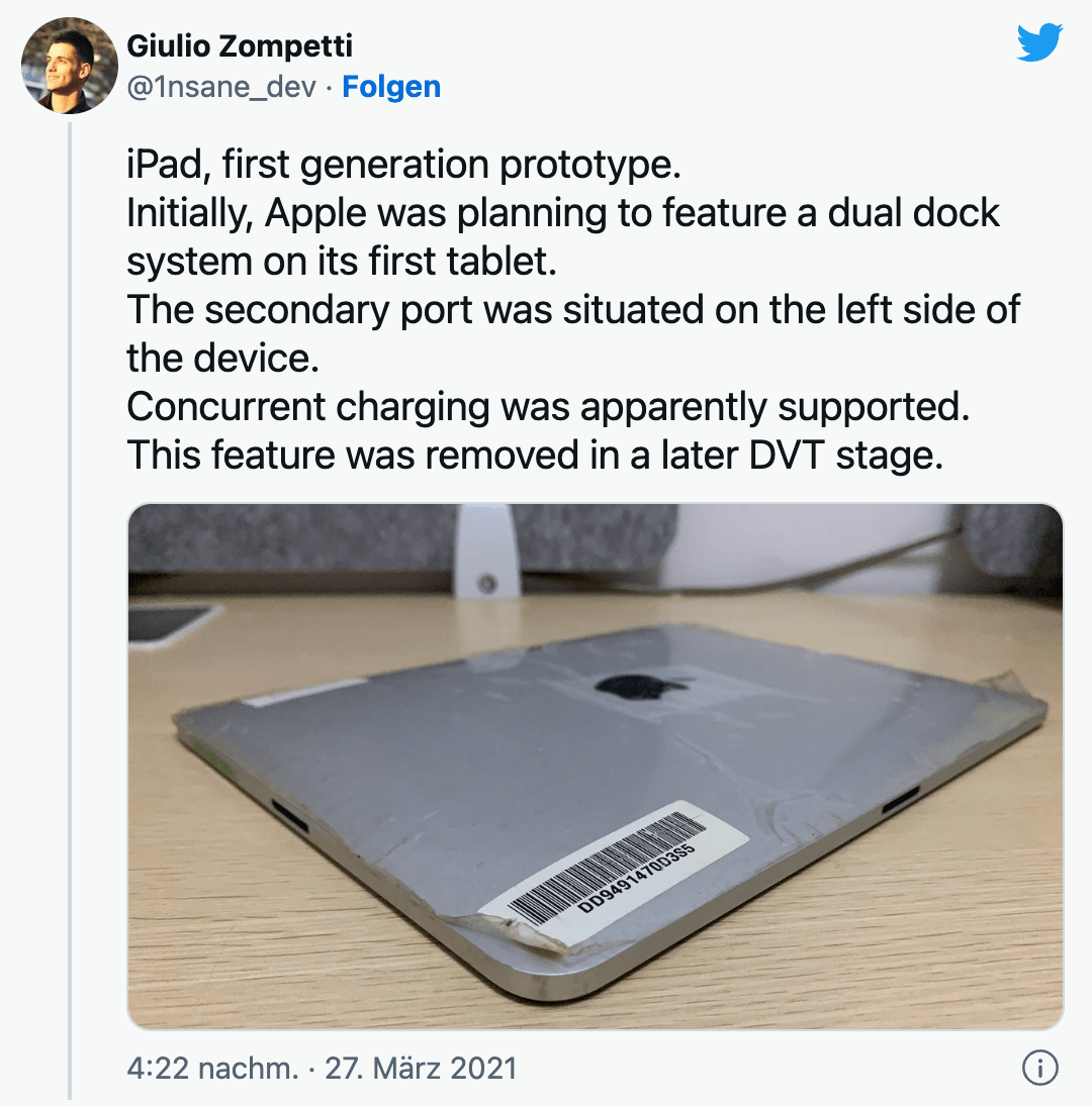 Der iPad-Pro­to­typ mit Dual-Dock