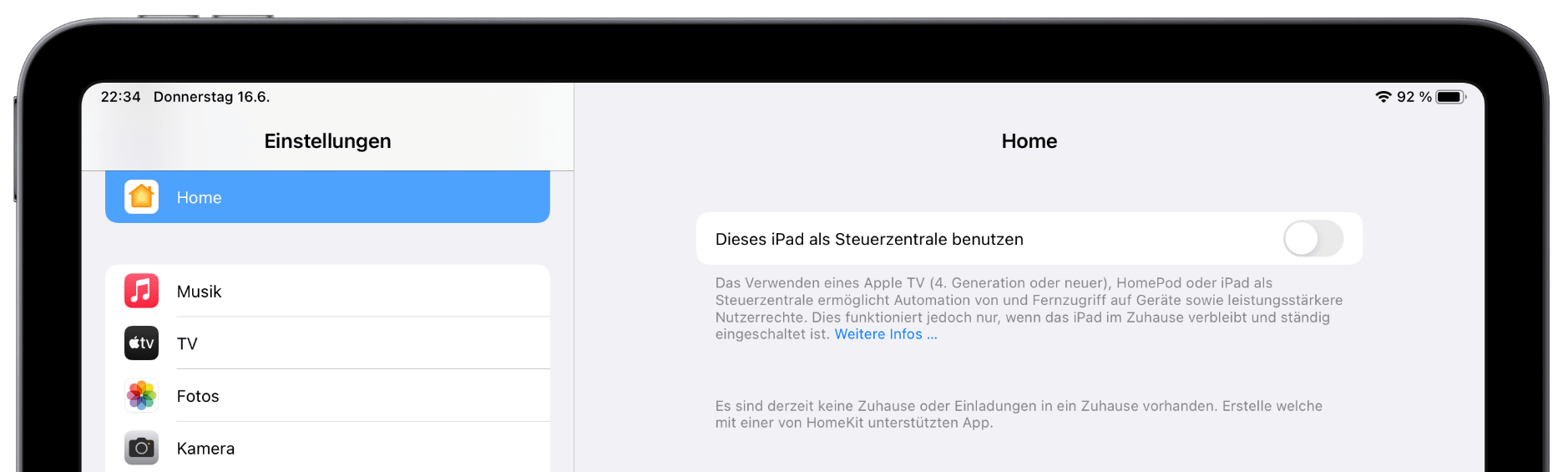 iPad-Screenshot, dass das iPad als HomeKit-Steuerzentrale zeigt.