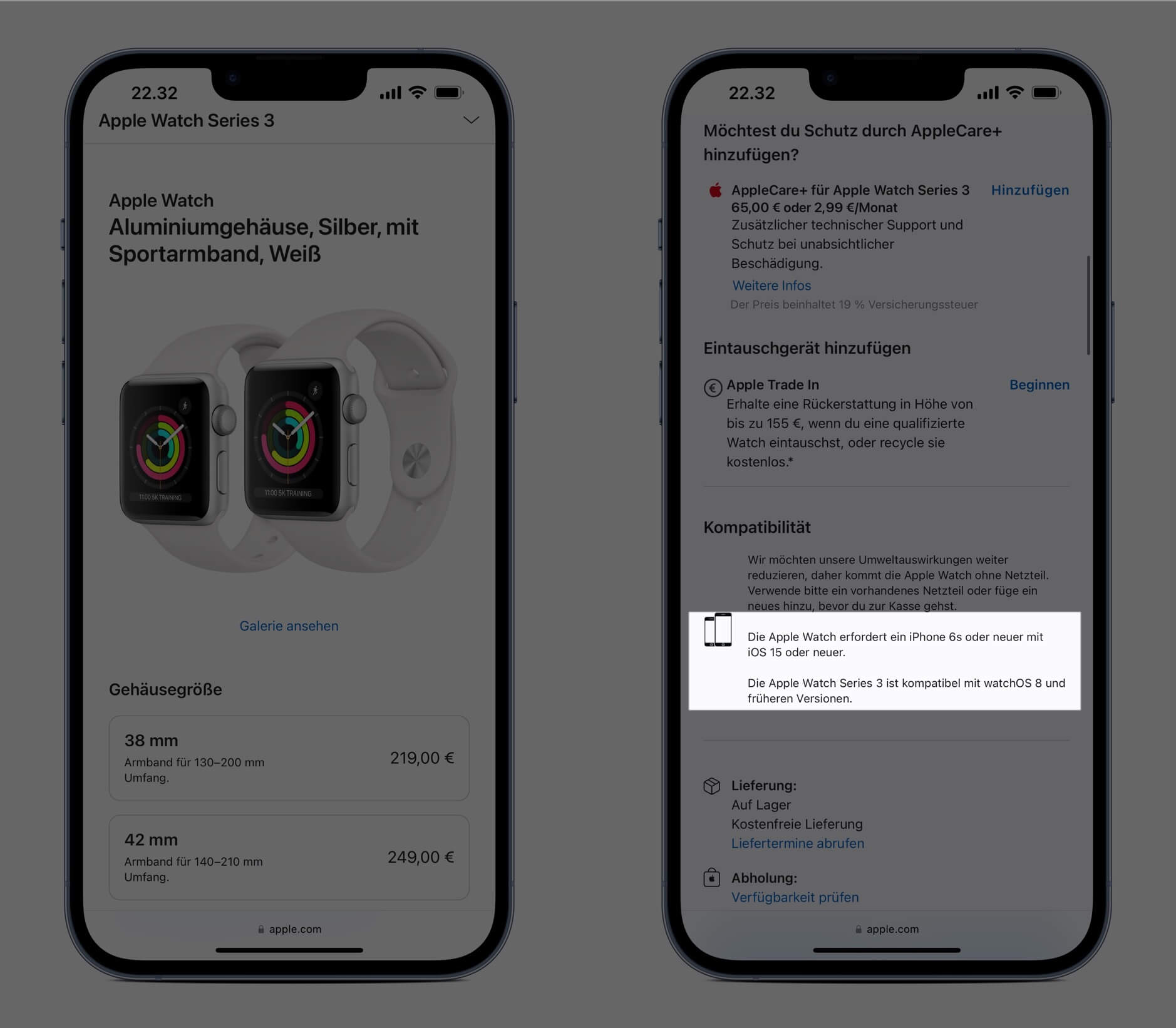 Bild zeigt zwei iPhone-Screenshots von Apple.de beim Check-out einer Apple Watch Series 3.