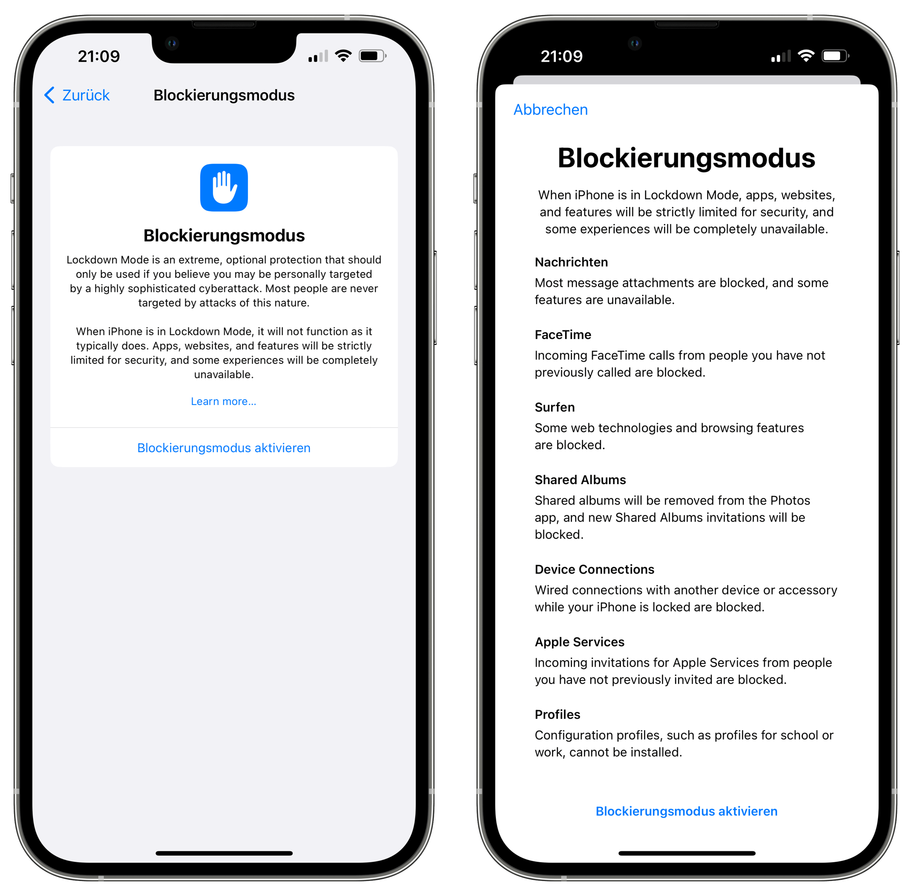 Zwei Screenshots der neuen iOS-16-Einstellung „Blockierungsmodus“.