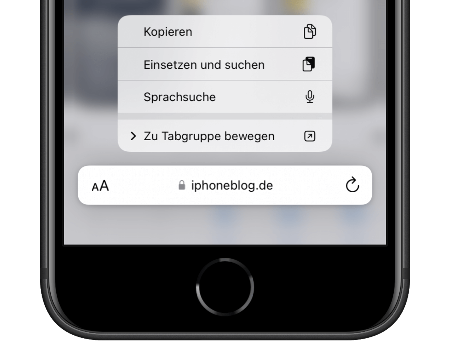 iPhone-Screenshot vom Safari-Menü.