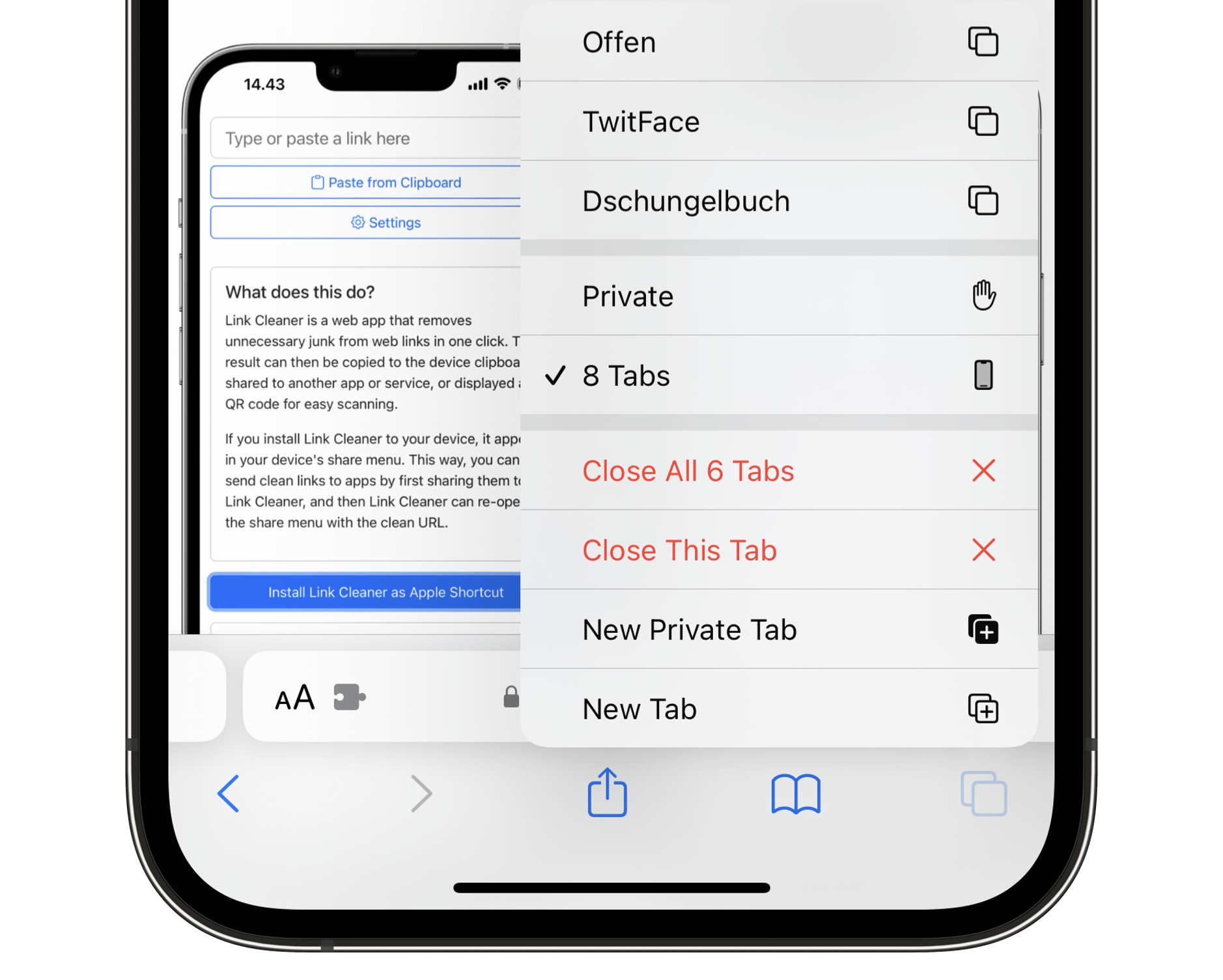 Screenshot zeigt Safari auf dem iPhone mit der Option alle Tabs zu schließen.