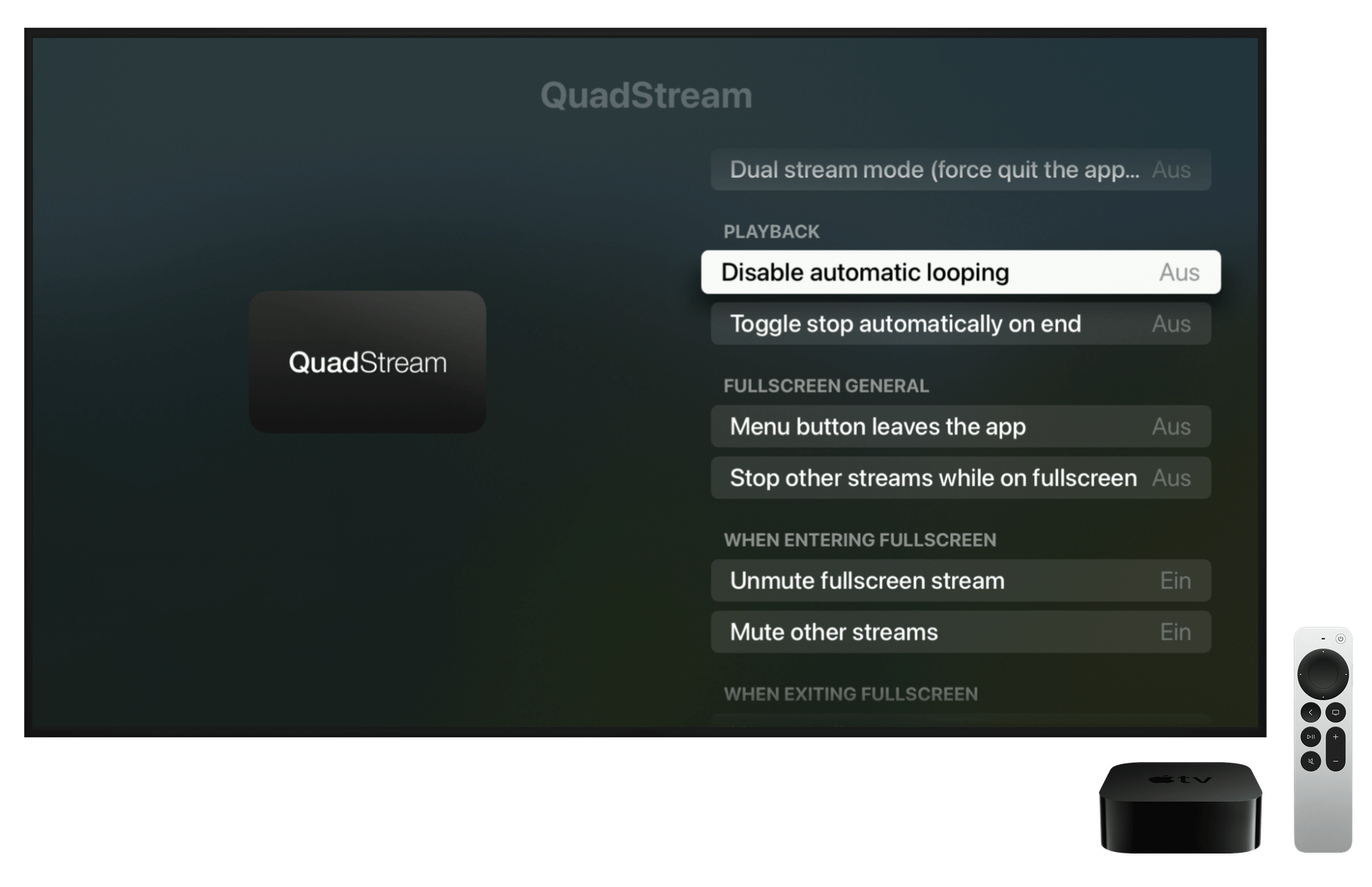 Apple-TV-Screenshot zeigt die Einstellungen von QuadStream.