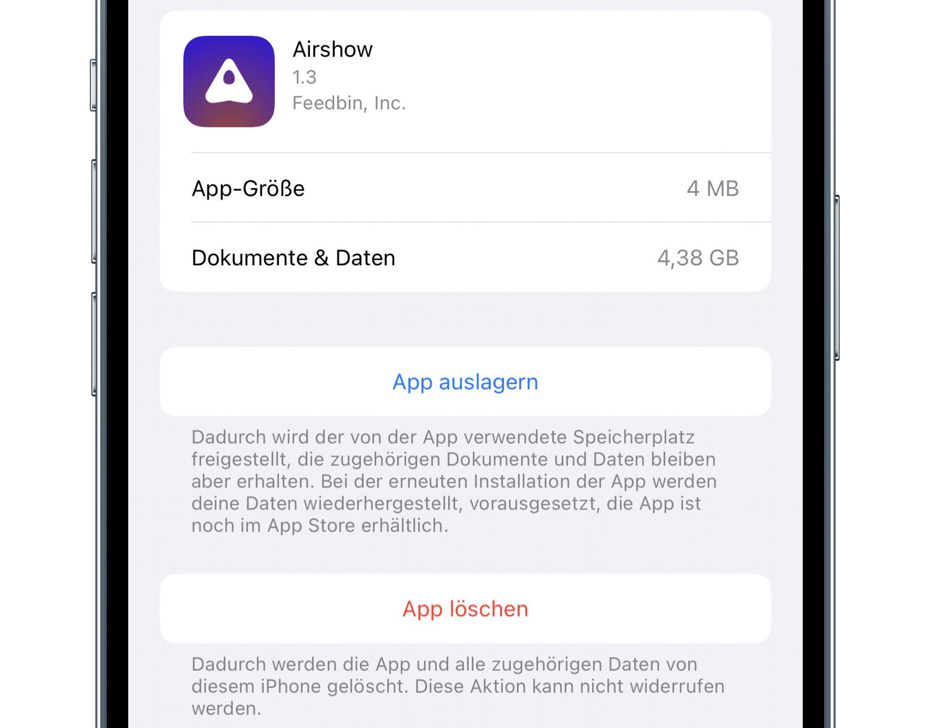 Screenshot zeigt App auslagern in den Systemeinstellungen.