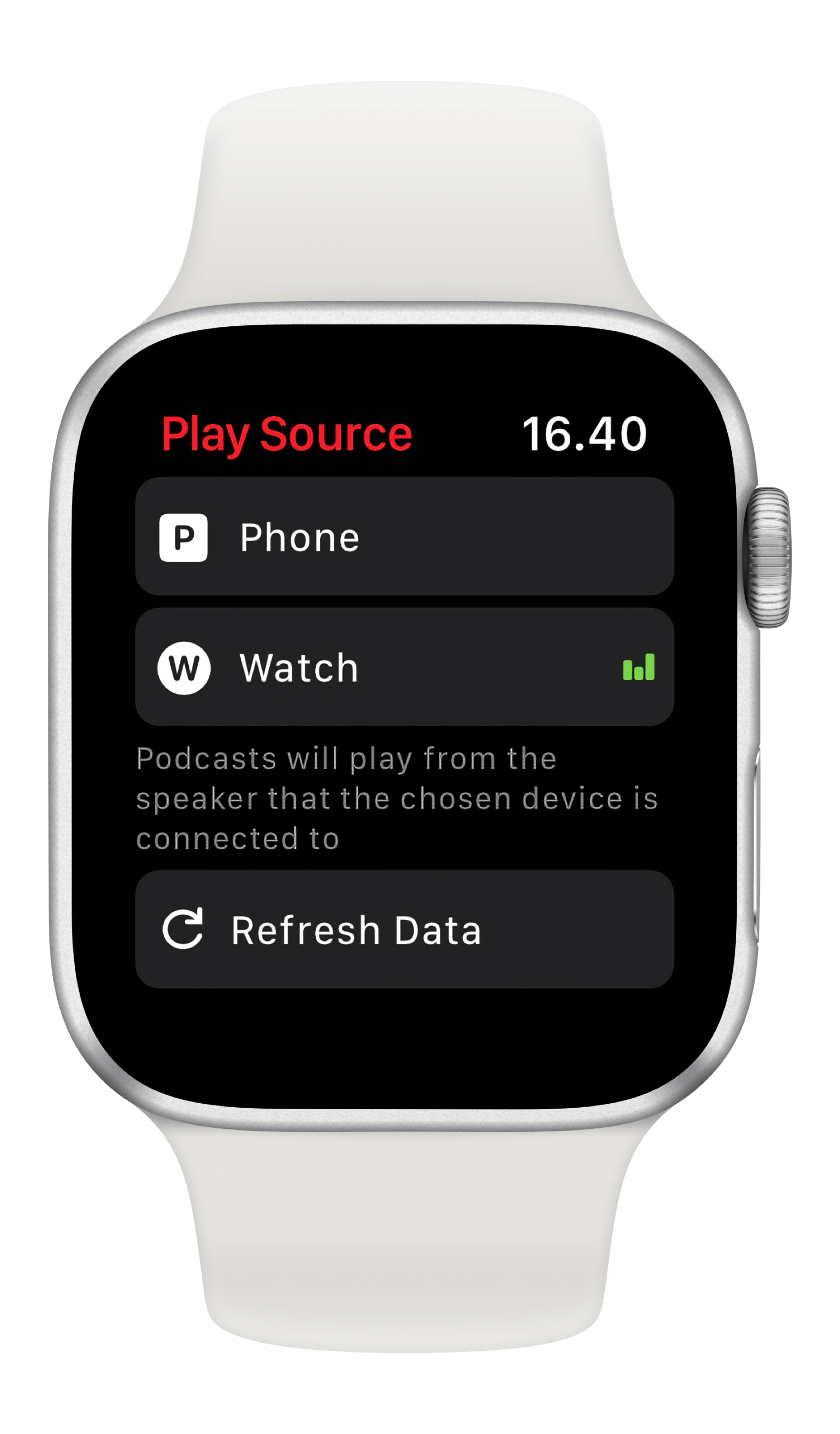 Bild zeigt Apple Watch mit Pocket Casts-App.