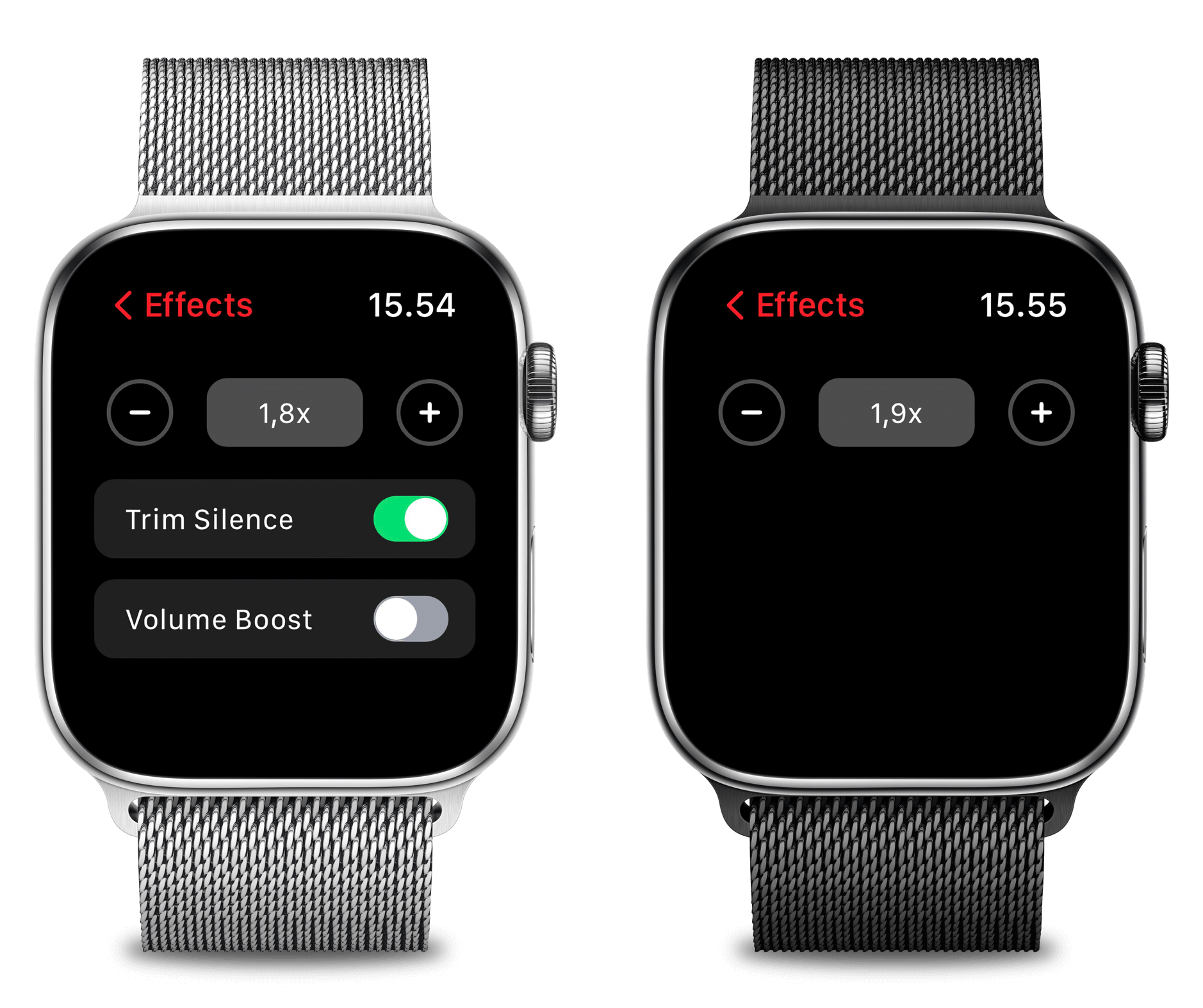 2 Screenshots der Apple Watch mit den Pocket-Casts-Einstellungen