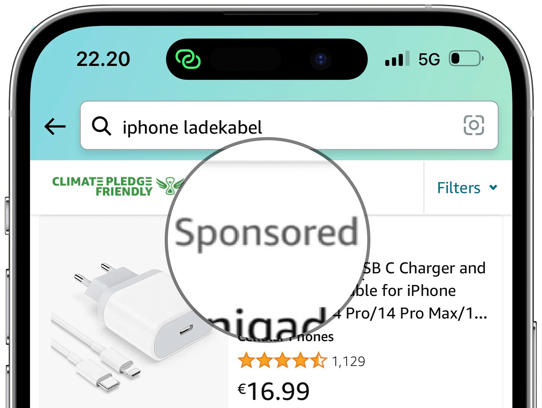 Screenshot der Amazon-App mit gesponsorten Suchergebnissen.