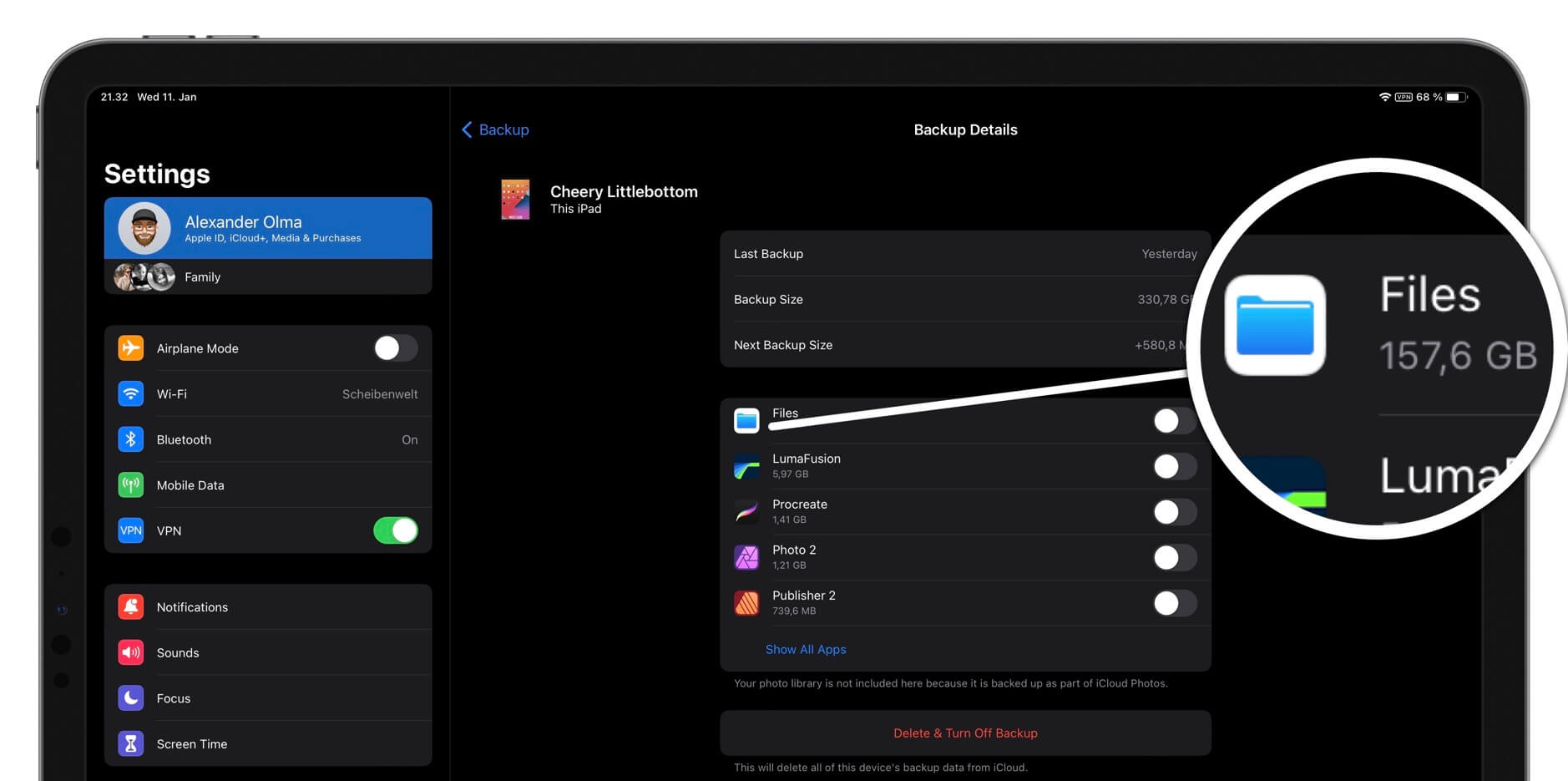 iPad-Screenshot der iCloud-Backup-Einstellungen.