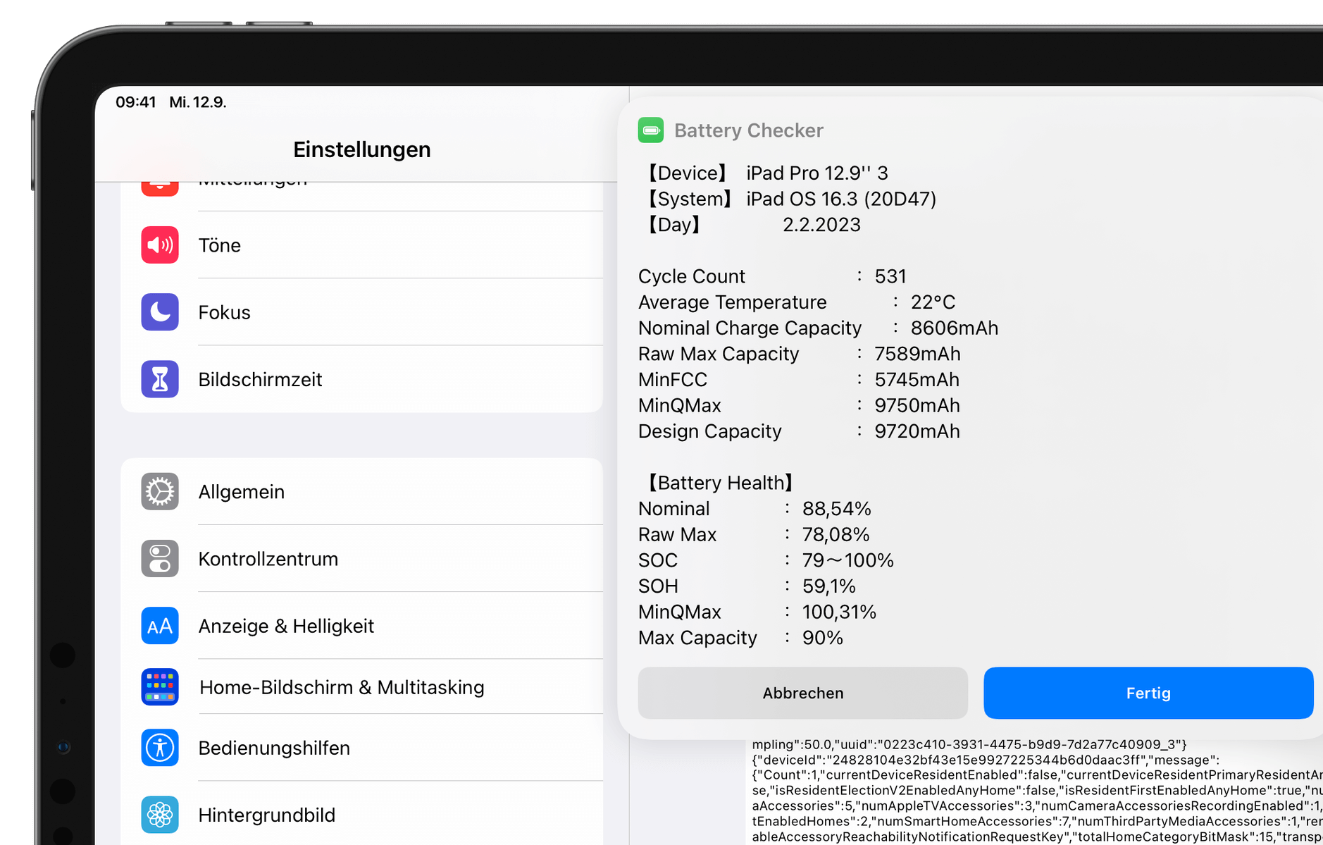 iPad-Screenshot des „Battery Check“-Kurzbefehls. 