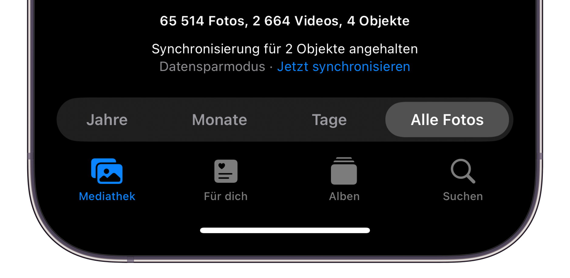 Screenshot von iCloud-Fotomediathek zeigt Datensparmodus.