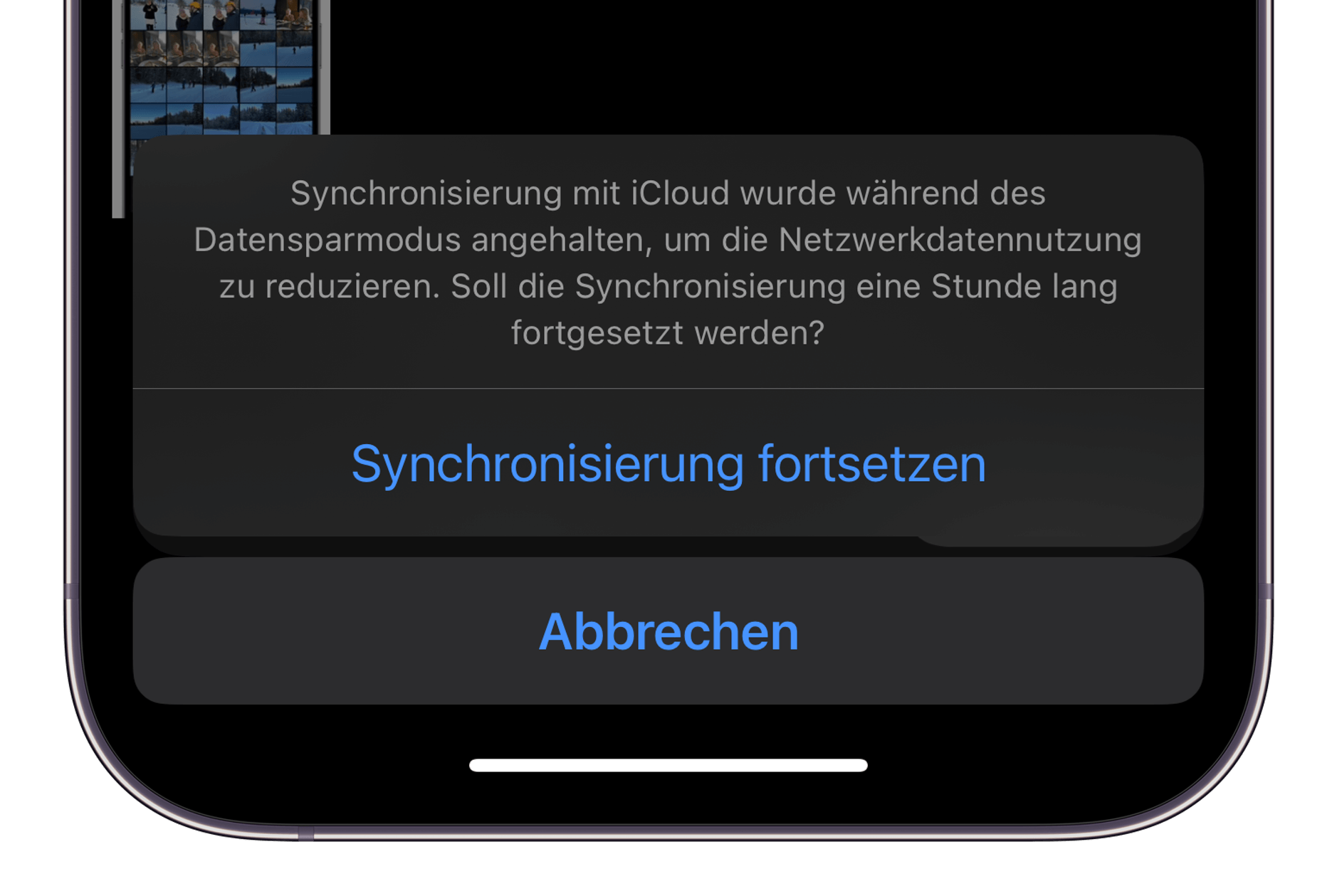 Screeshot zeigt iCloud-Fotos, die den Datensparmodus erklärt.