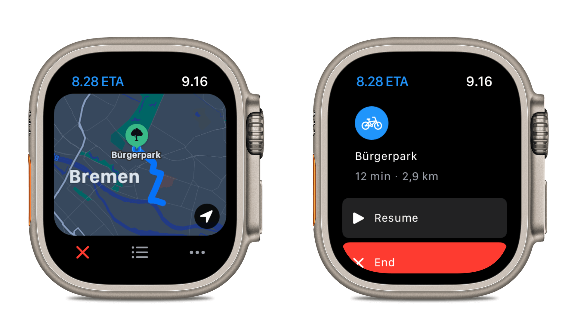 2x Screenshots der Apple Watch mit Fahrradrouten in Bremen.