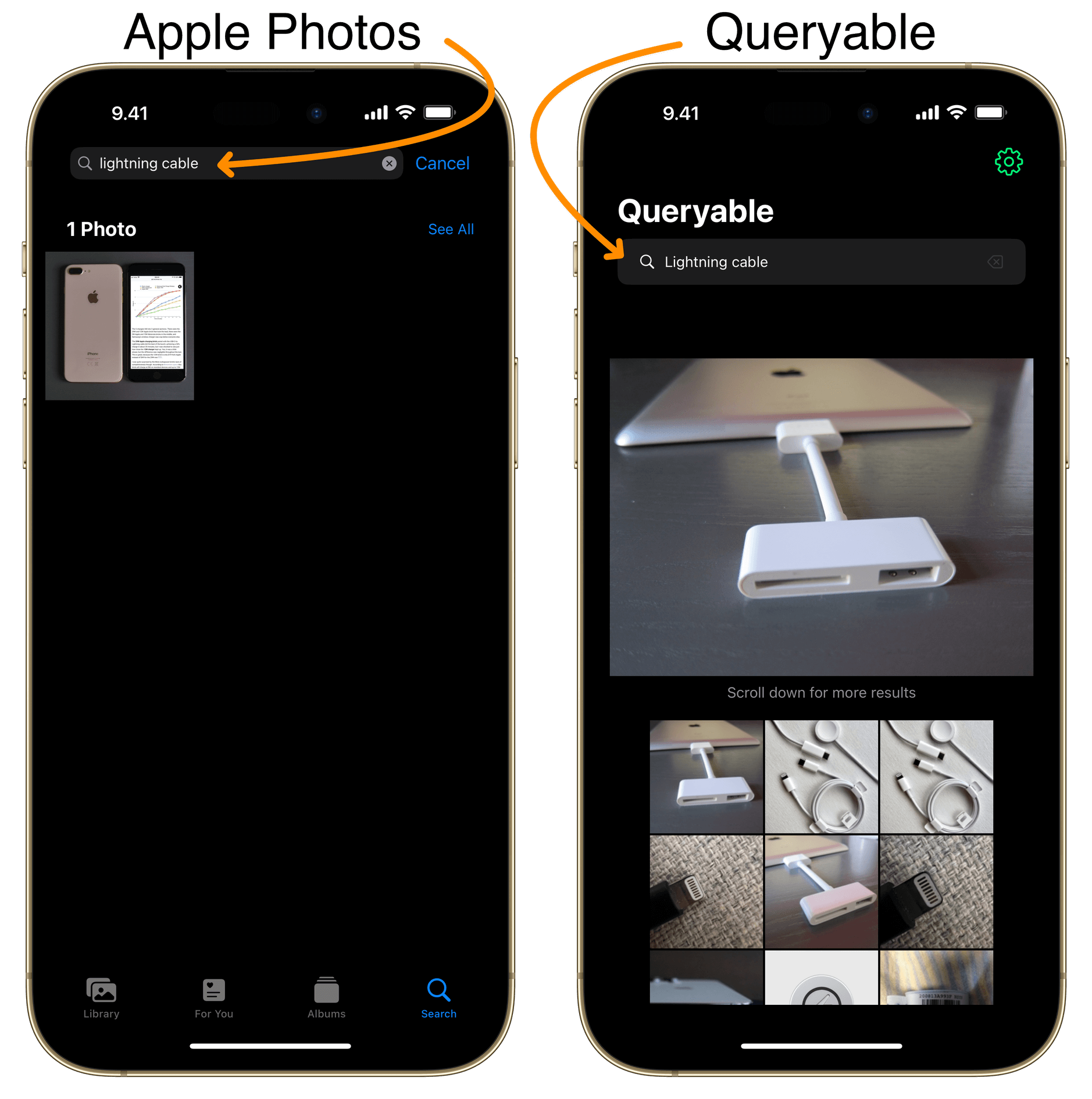 Zwei Screenshots, die die Apple Fotobibliothek und Queryable zeigen.