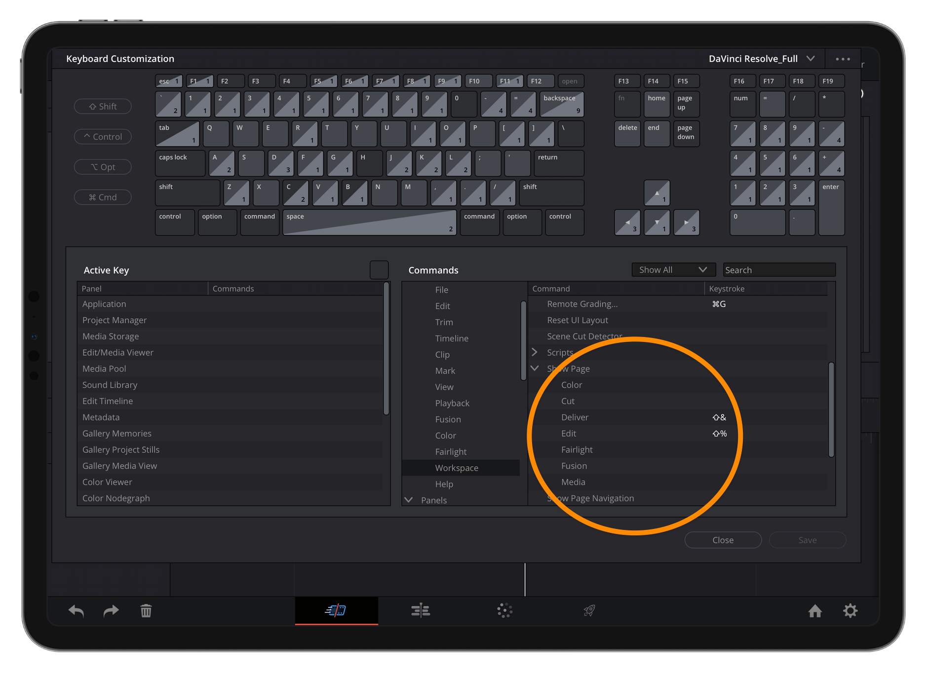 Screenshot von DaVinci Resolve auf dem iPad in den Tastaturkürzel-Einstellungen.