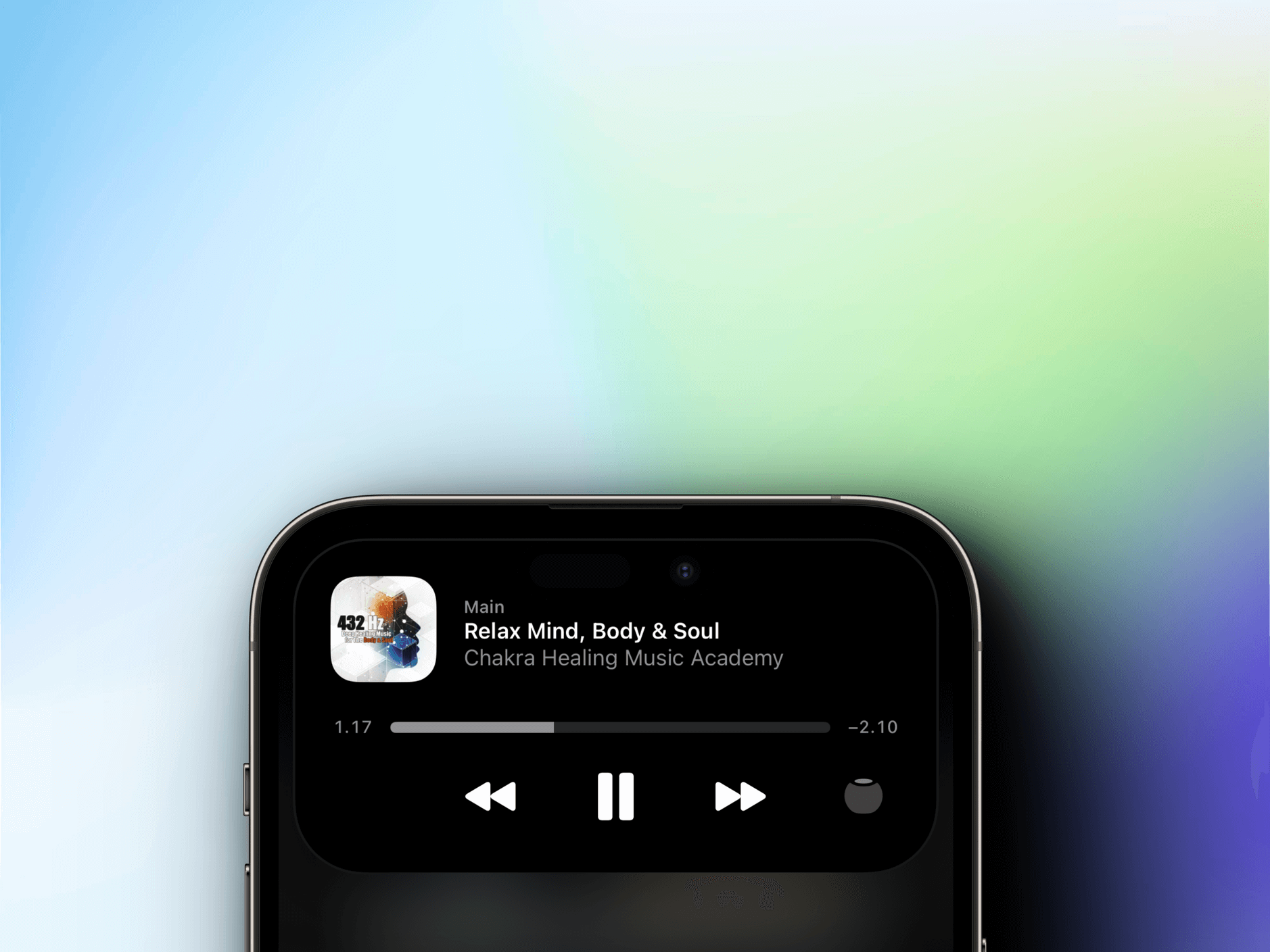 iPhone-Mockup zeigt Dynamic Island in iPhone-Gehäuserahmen auf farbenfrohem Hintergrund. 