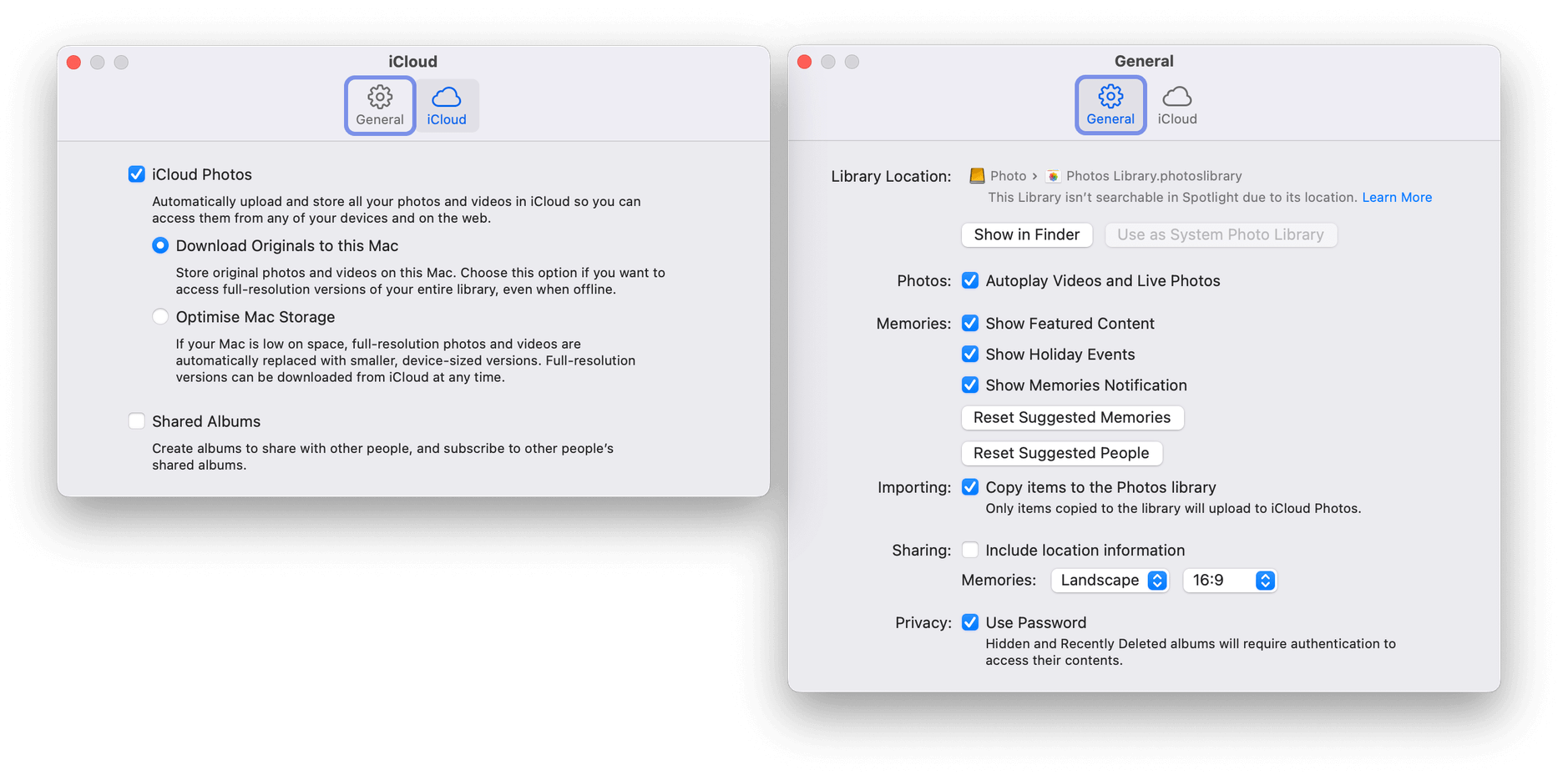 Zwei Screenshots der macOS-Einstellungen der Photos-App.