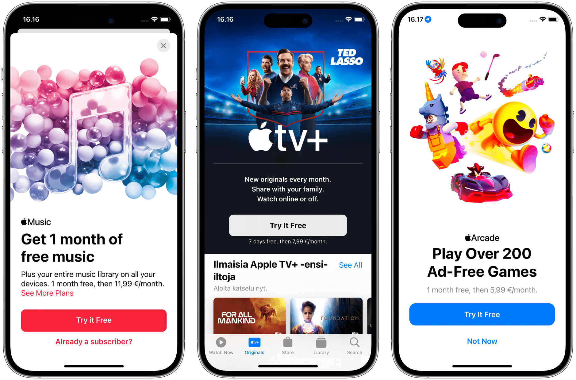 3x iPhone-Screenshots: Apple Music, tv+ und Apple Arcade.