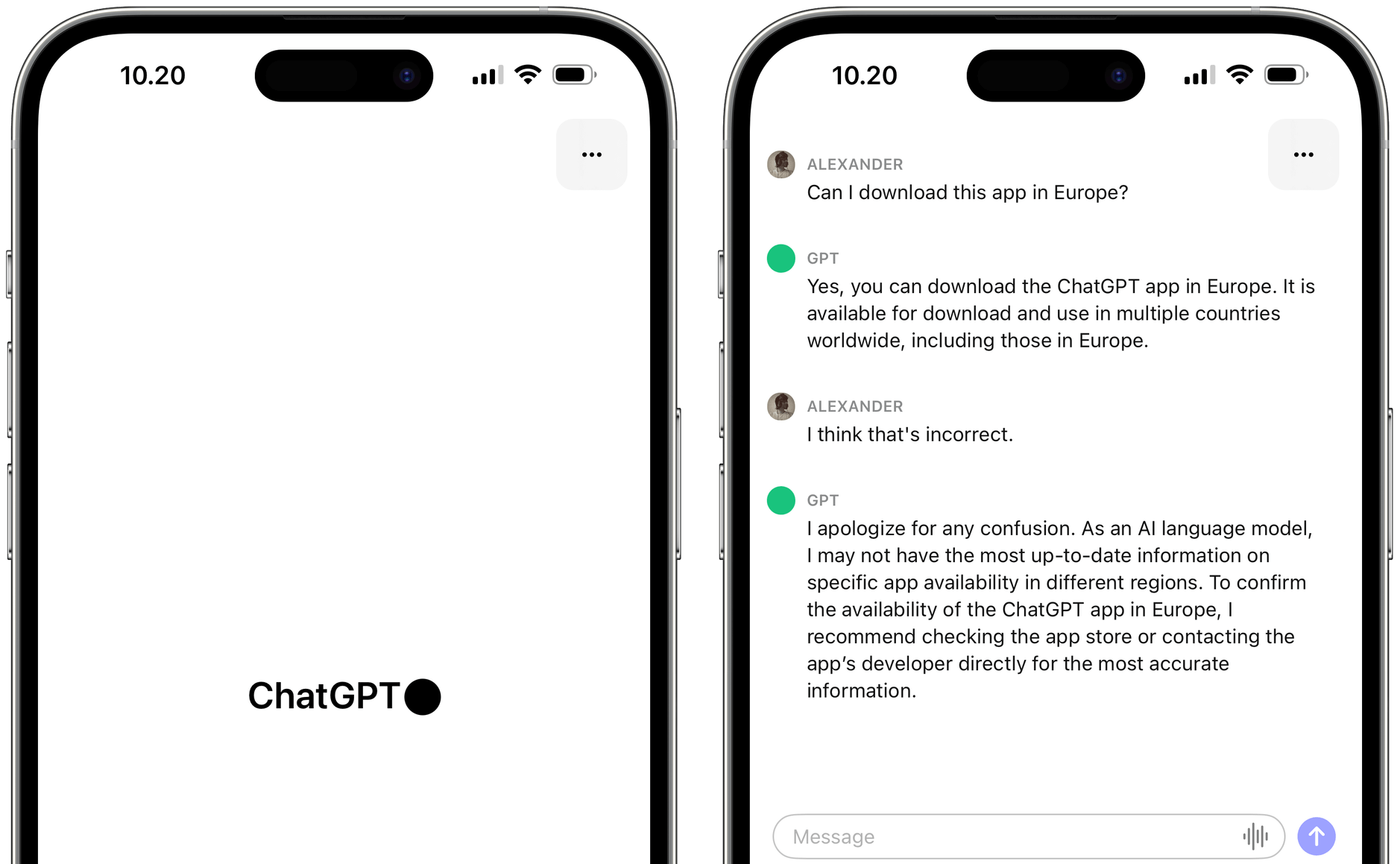 2x Screenshots der iOS-ChatGPT-App.