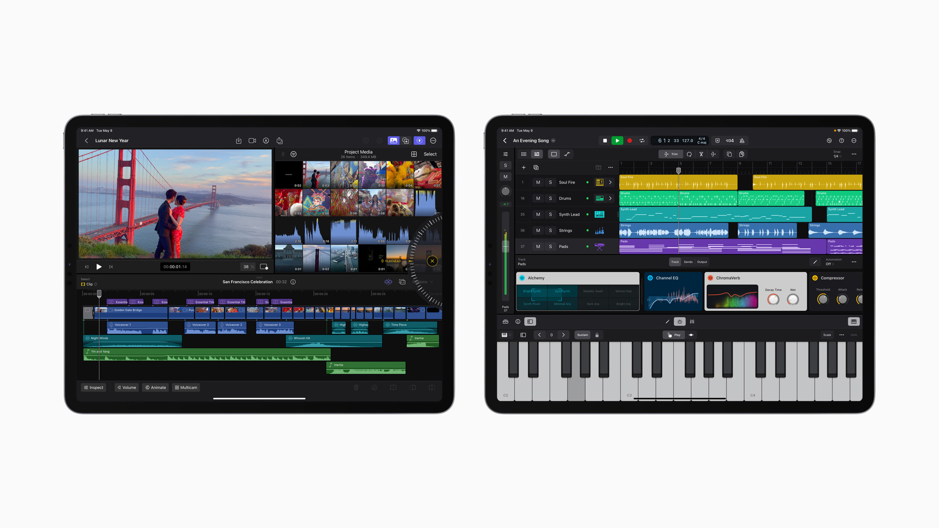 Screenshot zeigt 2x iPads - einmal mit Final Cut Pro und einmal mit Logic Pro.