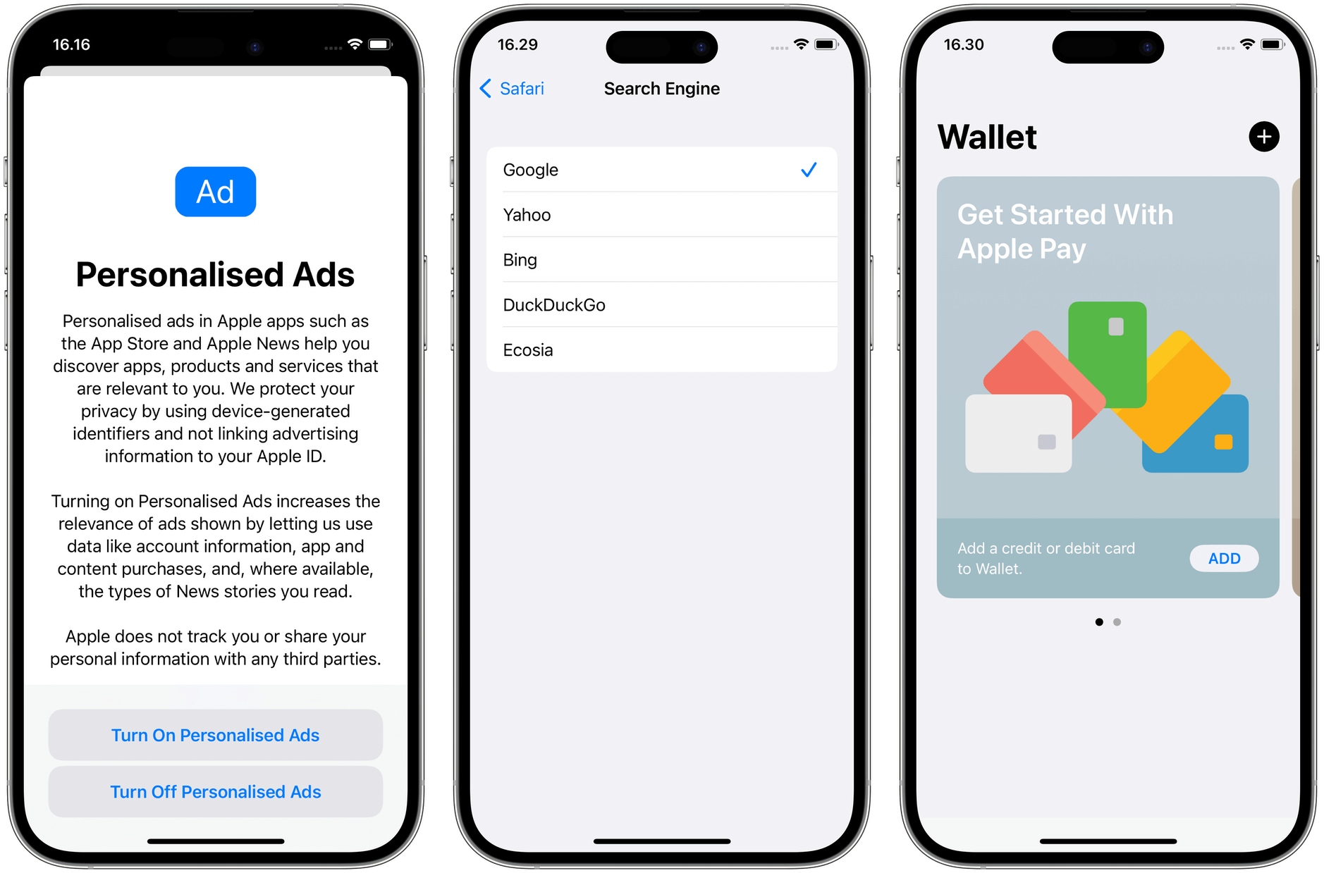 3x iPhone Screenshots: Personalised Ads, Search Engine, Apple Pay