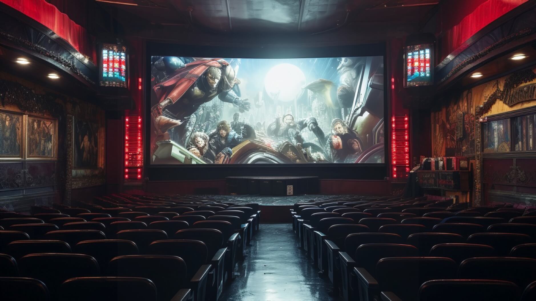 Bild aus leerem Kinosaal mit generischem Superhero-Film auf der Leinwand.