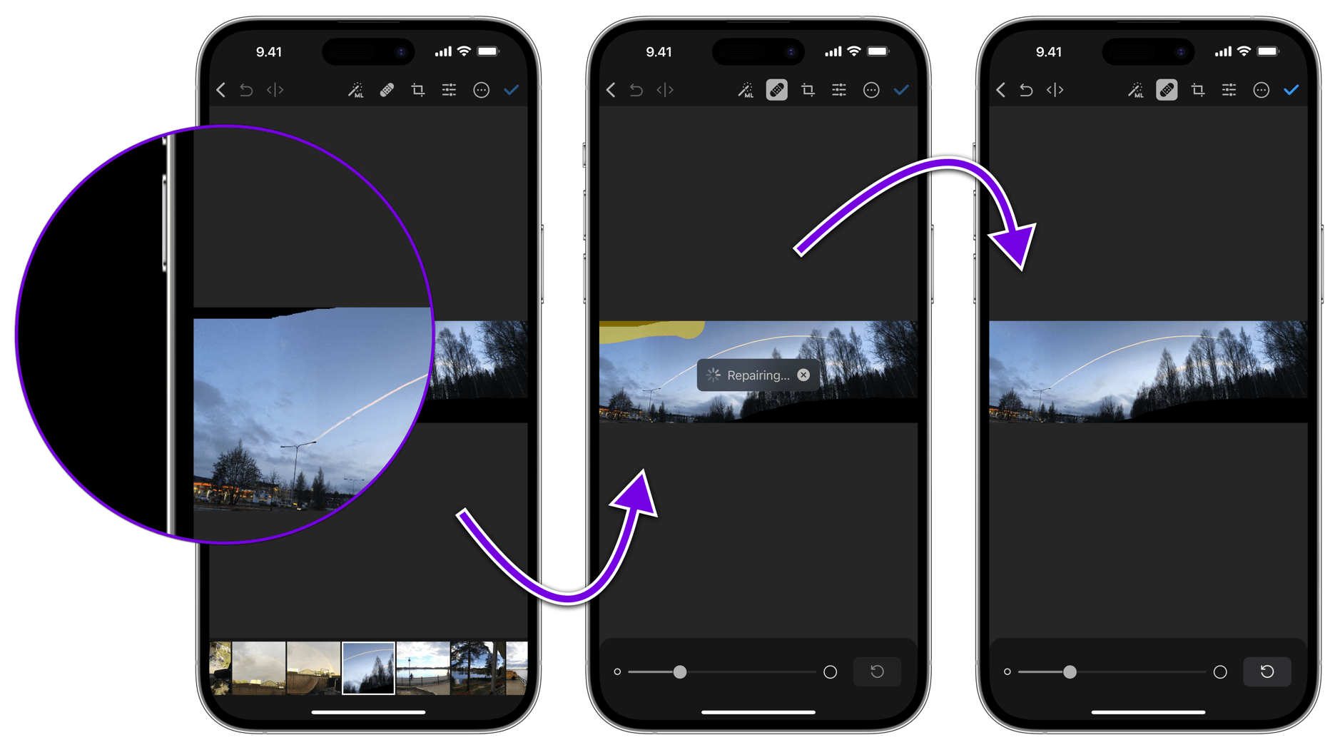 3x iPhone-Screenshots der Photomator-App.