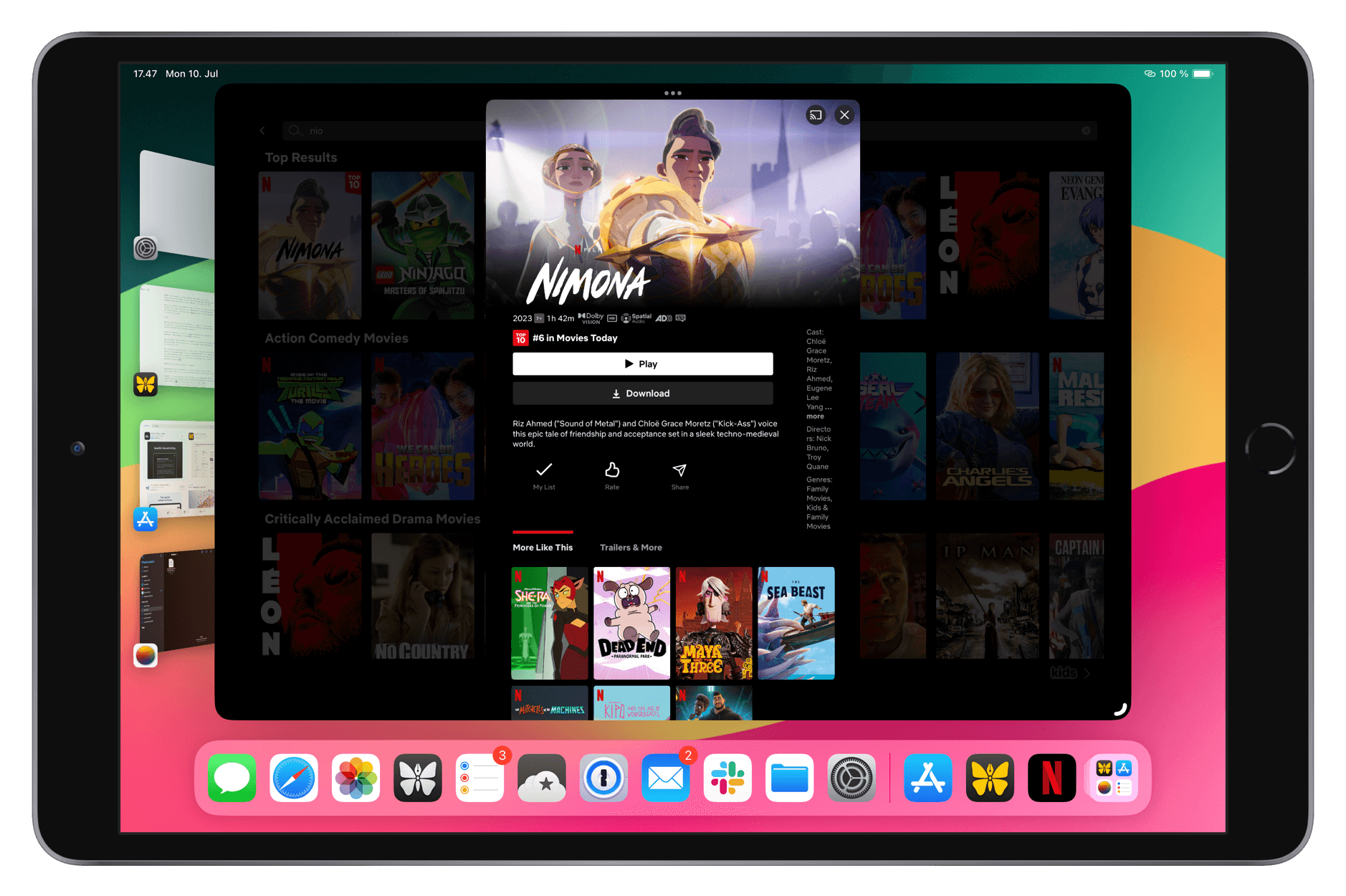 iPad-Screenshot der Netflix-App, die den Film Nimona zeigt.