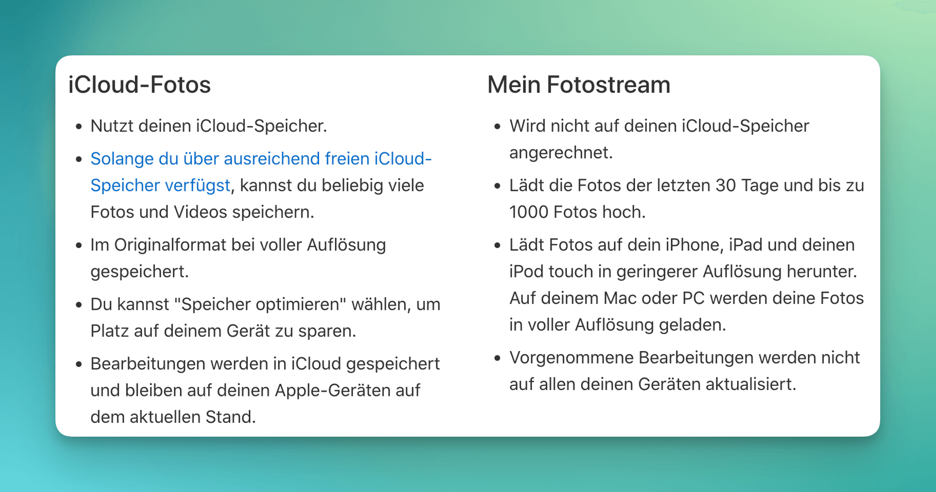 Screenshot zeigt Apple-Suppot-Webseite von einem Vergleich iCloud-Fotos vs Mein Fotostream.