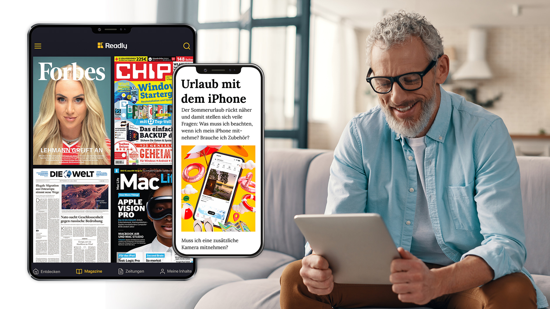 Bild zeigt iPad- und iPhone-App von Readly.