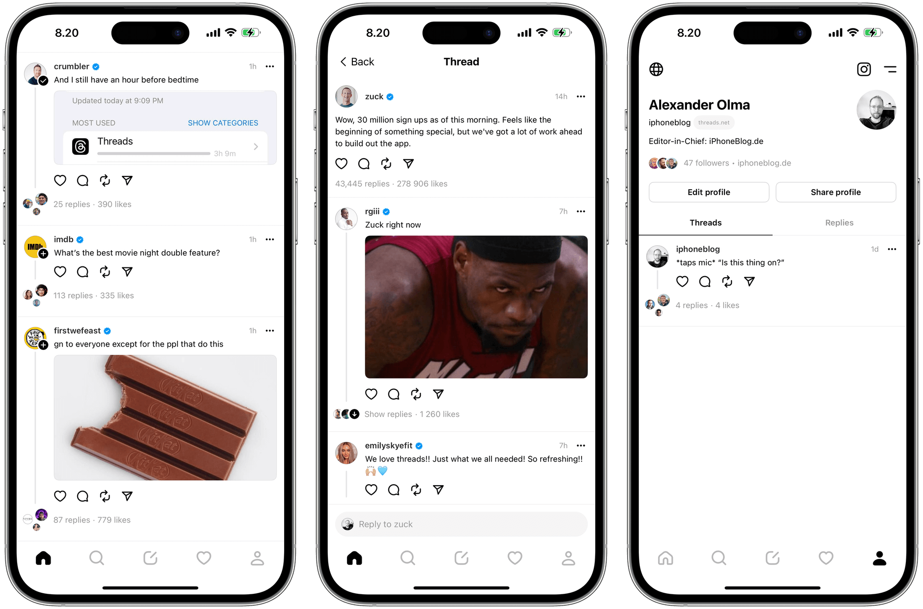 3x Screenshots der Threads-iOS-App.