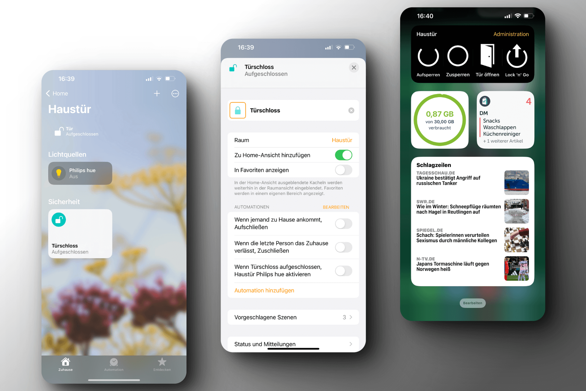 Drei Screenshots der Home-App.