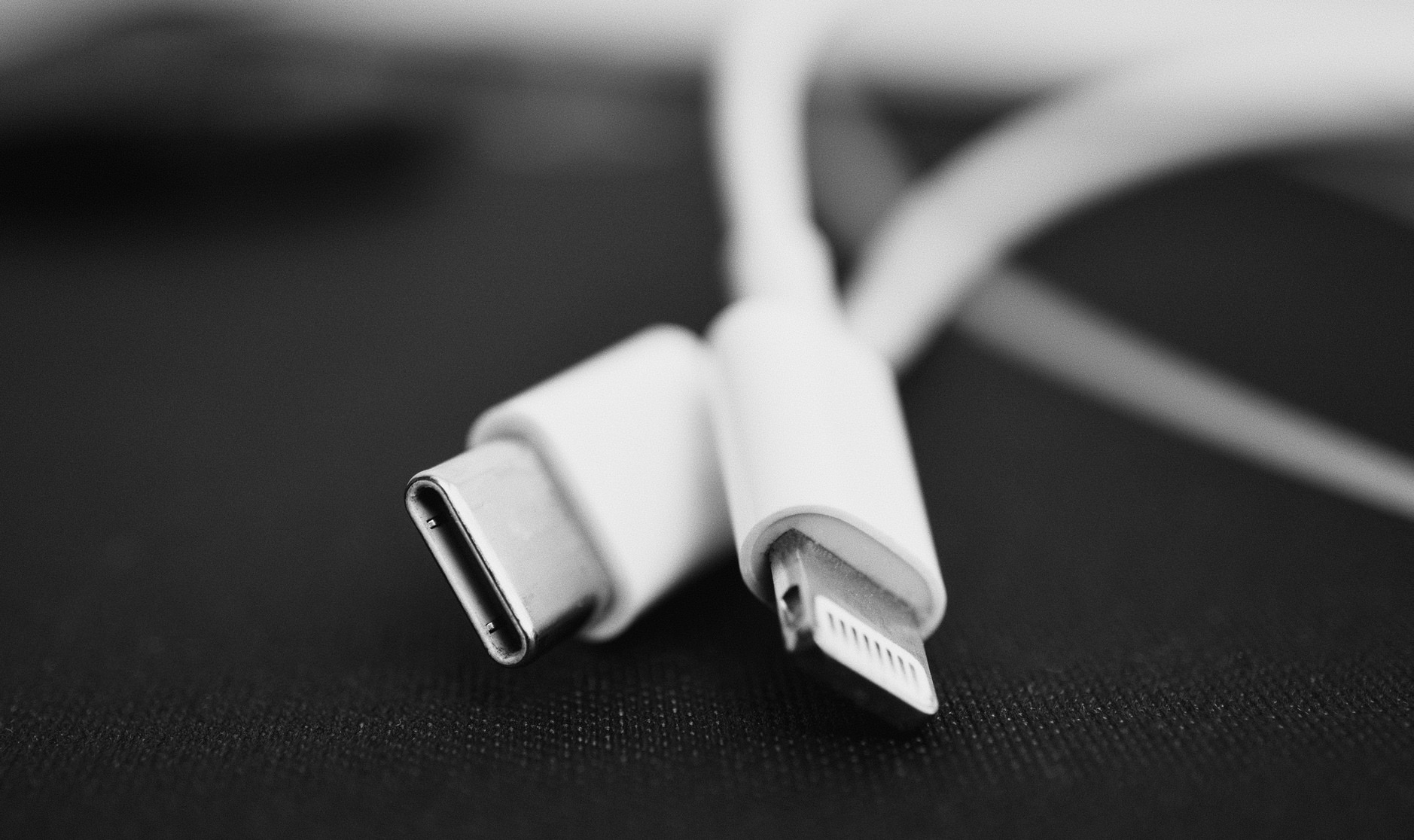 Bild zeigt zwei weiße Kabel. Ein Kabel mit USB-C-Anschluss. Das andere Kabel mit Lightning-Port.