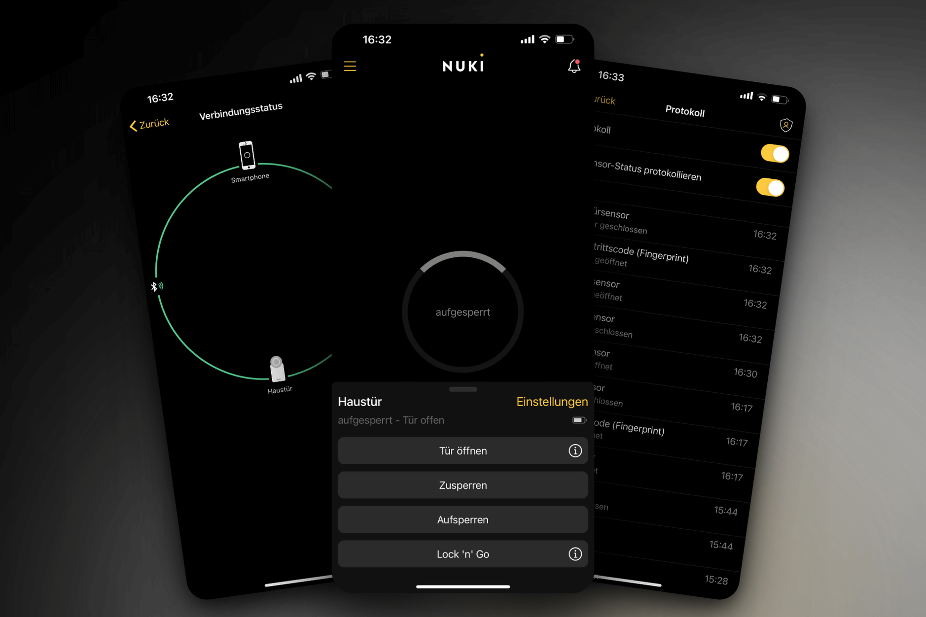 Drei Screenshots der Nuki-App.