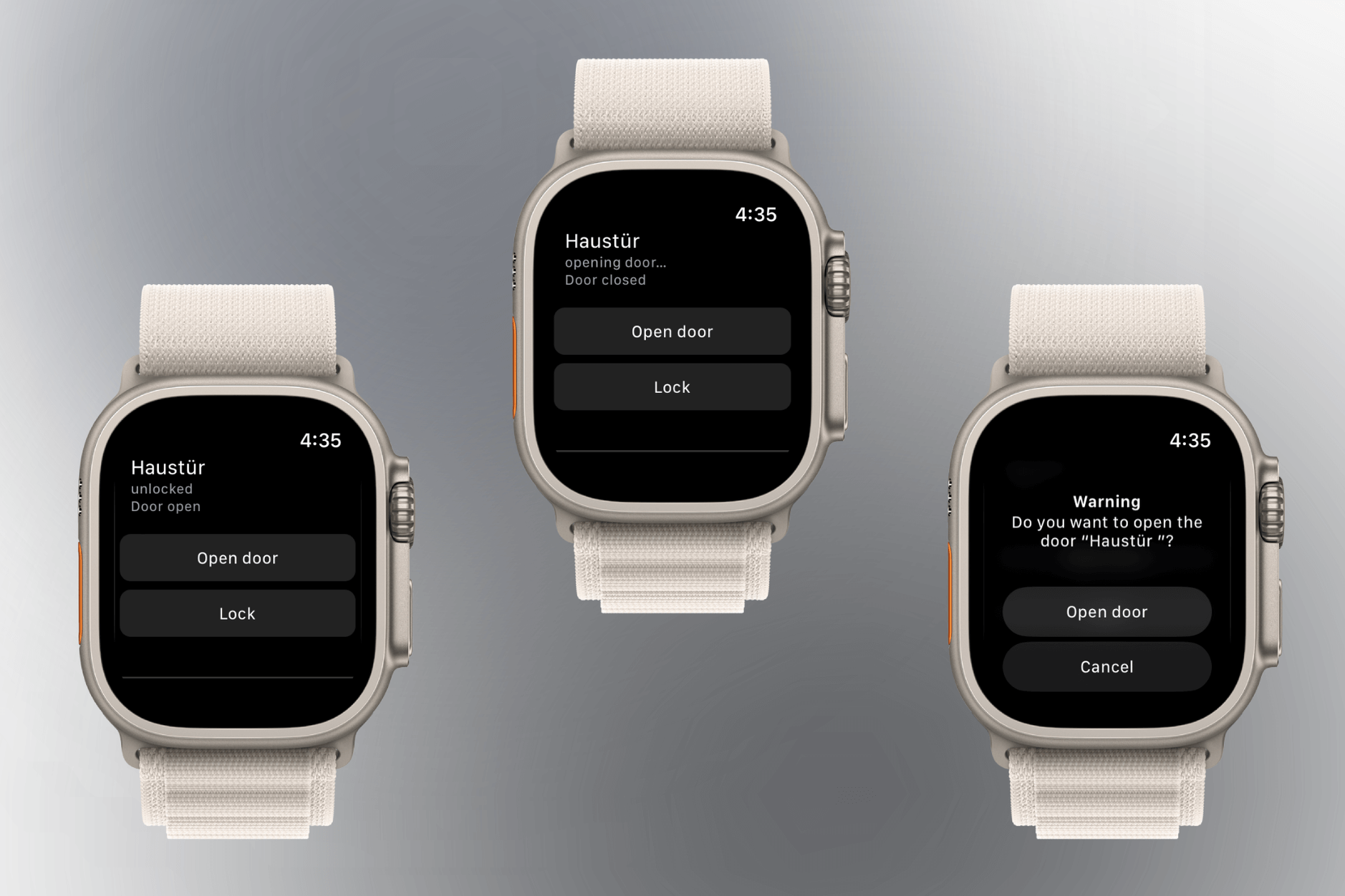 3x Screenshots der Nuki-App auf der Apple-Watch.