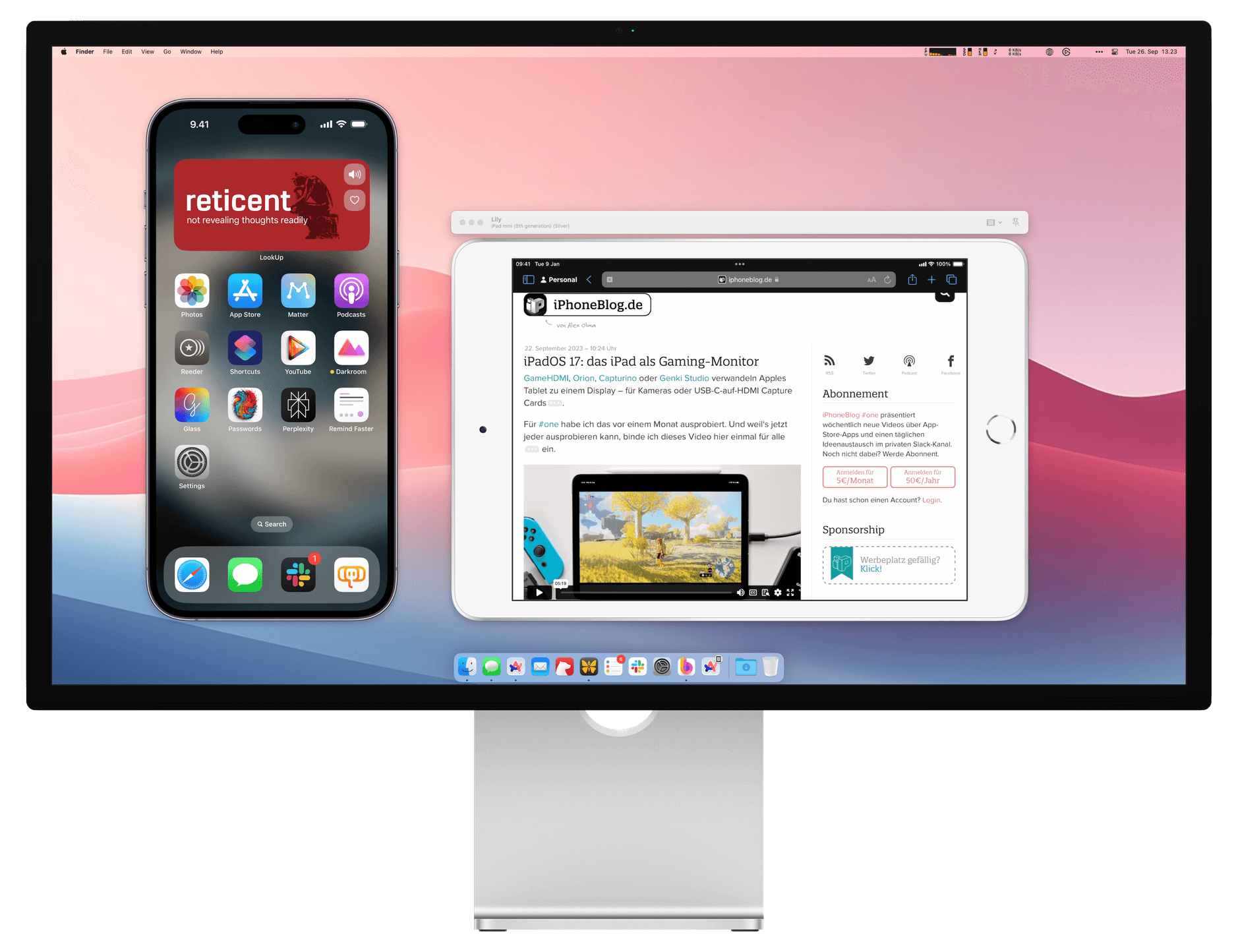 Screenshot zeigt macOS mit der virtuellen Darstellung von einem iPhone und iPad.