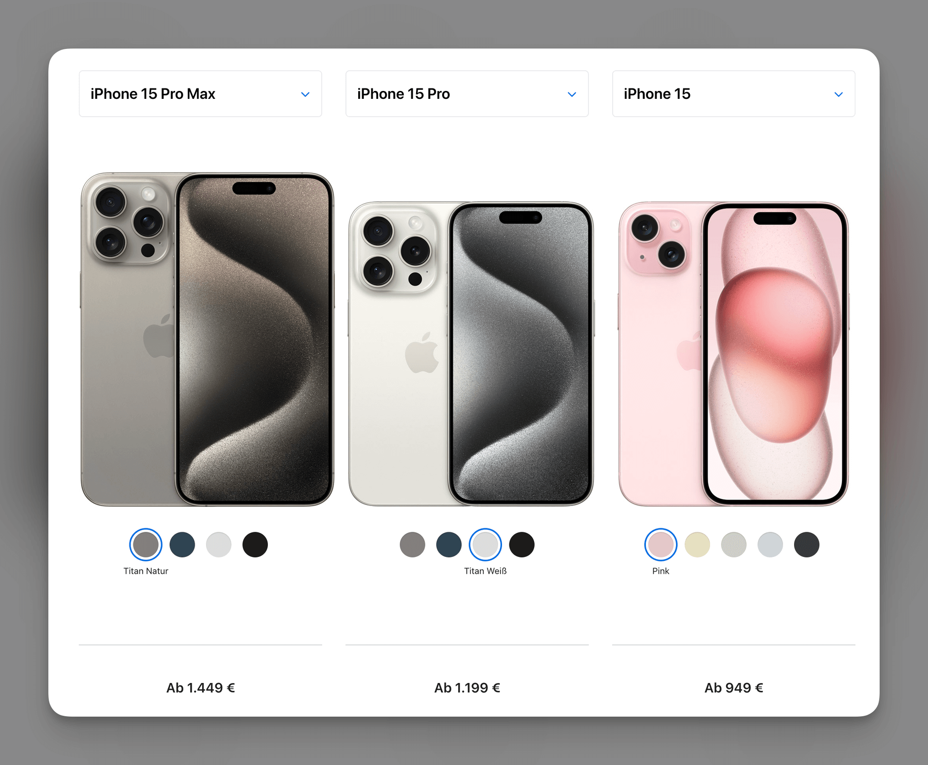 Screenshot, die das iPhone 15 Pro Max, iPhone 15 Pro und iPhone 15 gegenüberstellt.