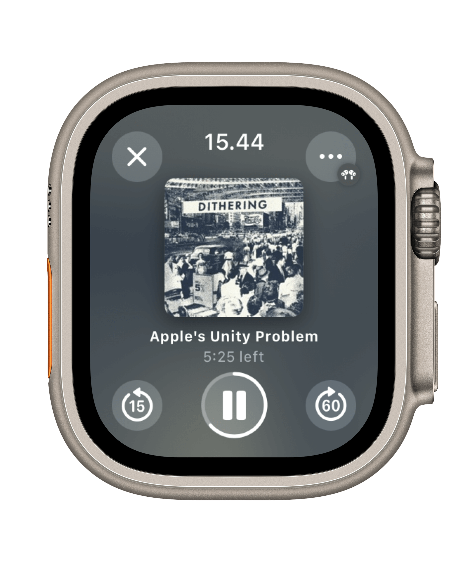 Screenshot der Apple Watch Ultra und der Podcast-App, die die Dithering-Episode zeigt.