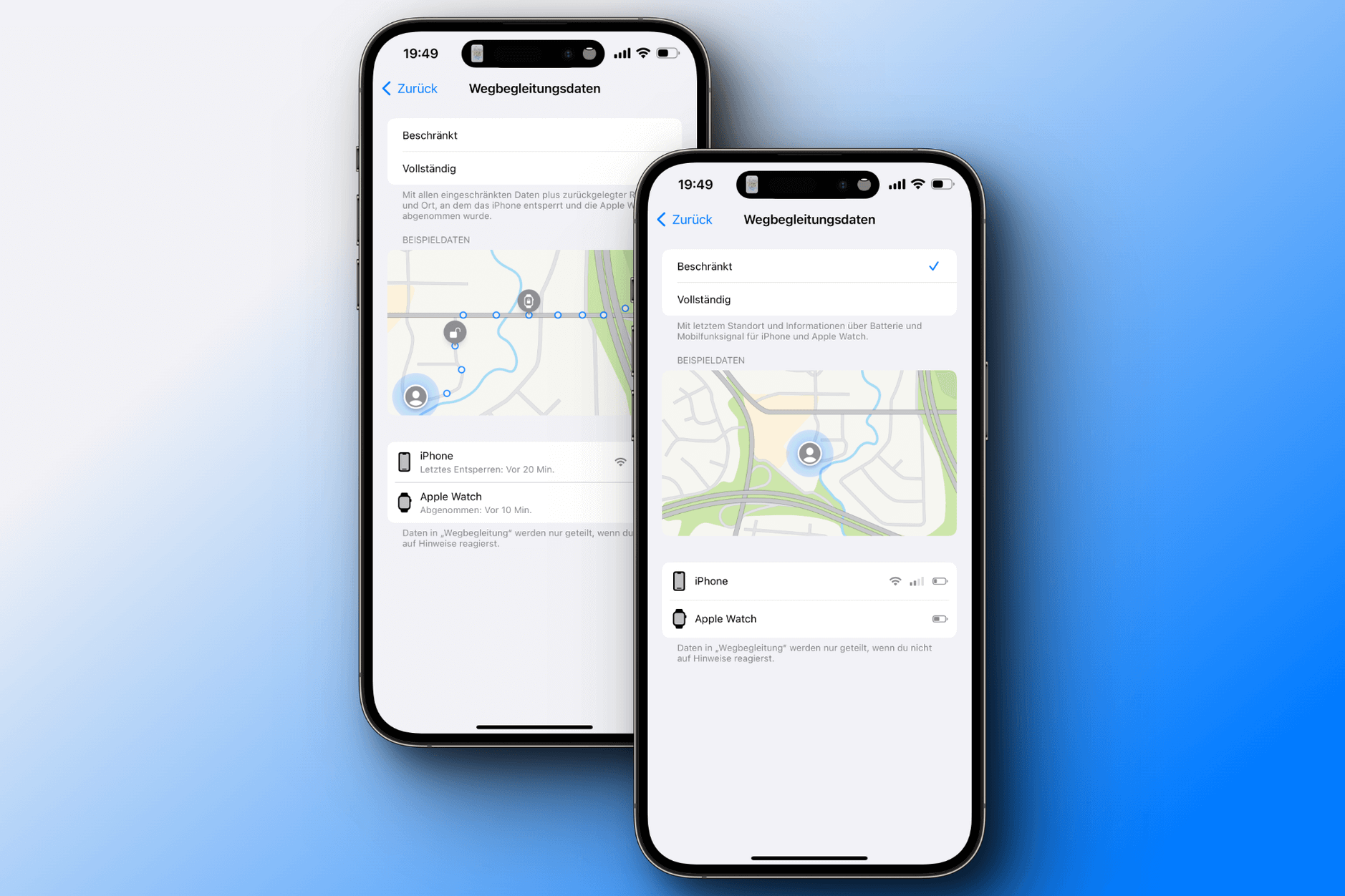 2x iPhone-Screenshots der iOS-Einstellungen für die Wegbegleitungsdaten