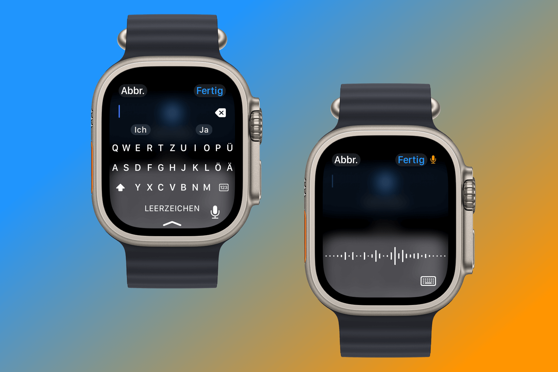 2x Apple Watch Ultra-Screenshots, die die Diktatfunktion zeigen.