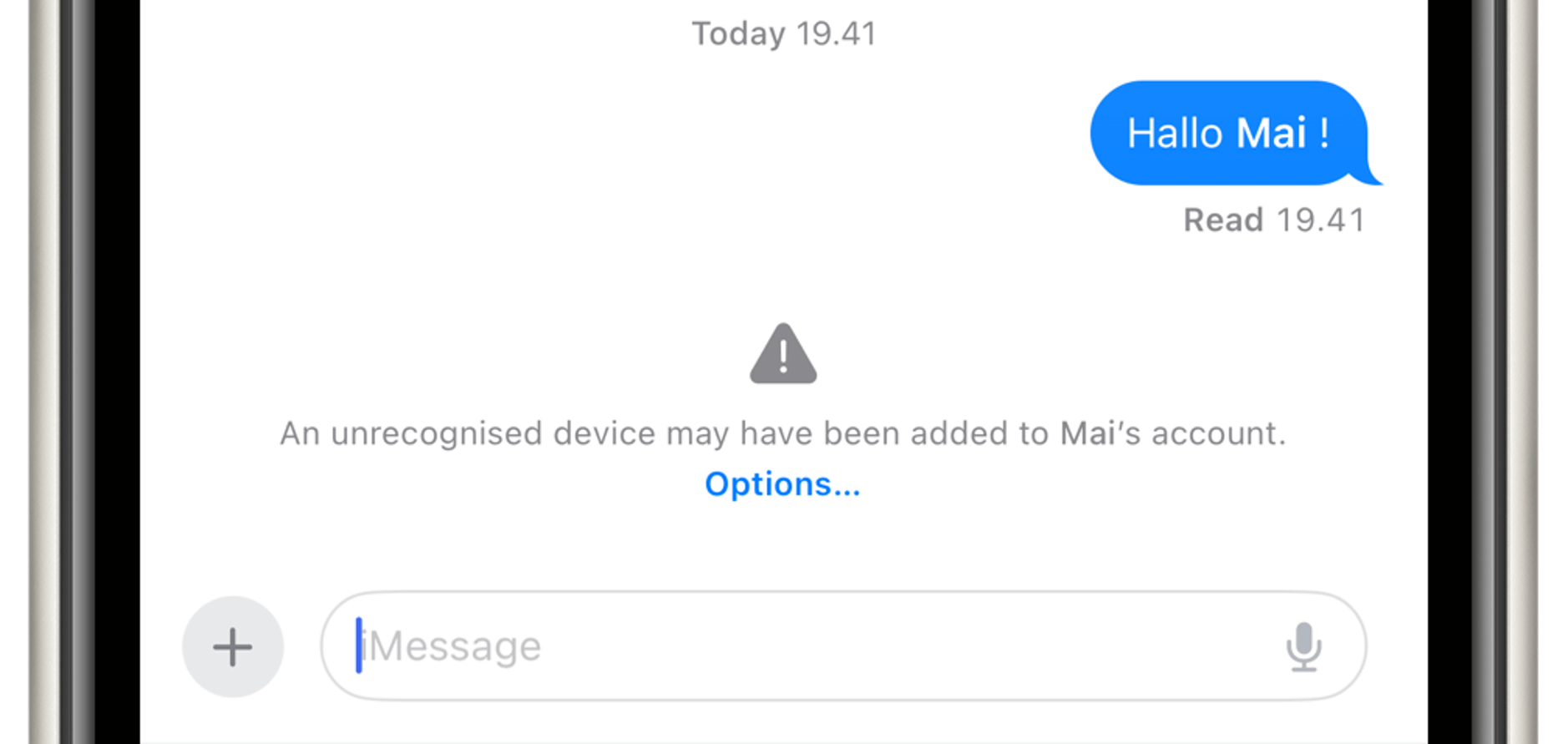 Screenshot zeigt iMessage-Fehlermeldung „unrecognised device“. 