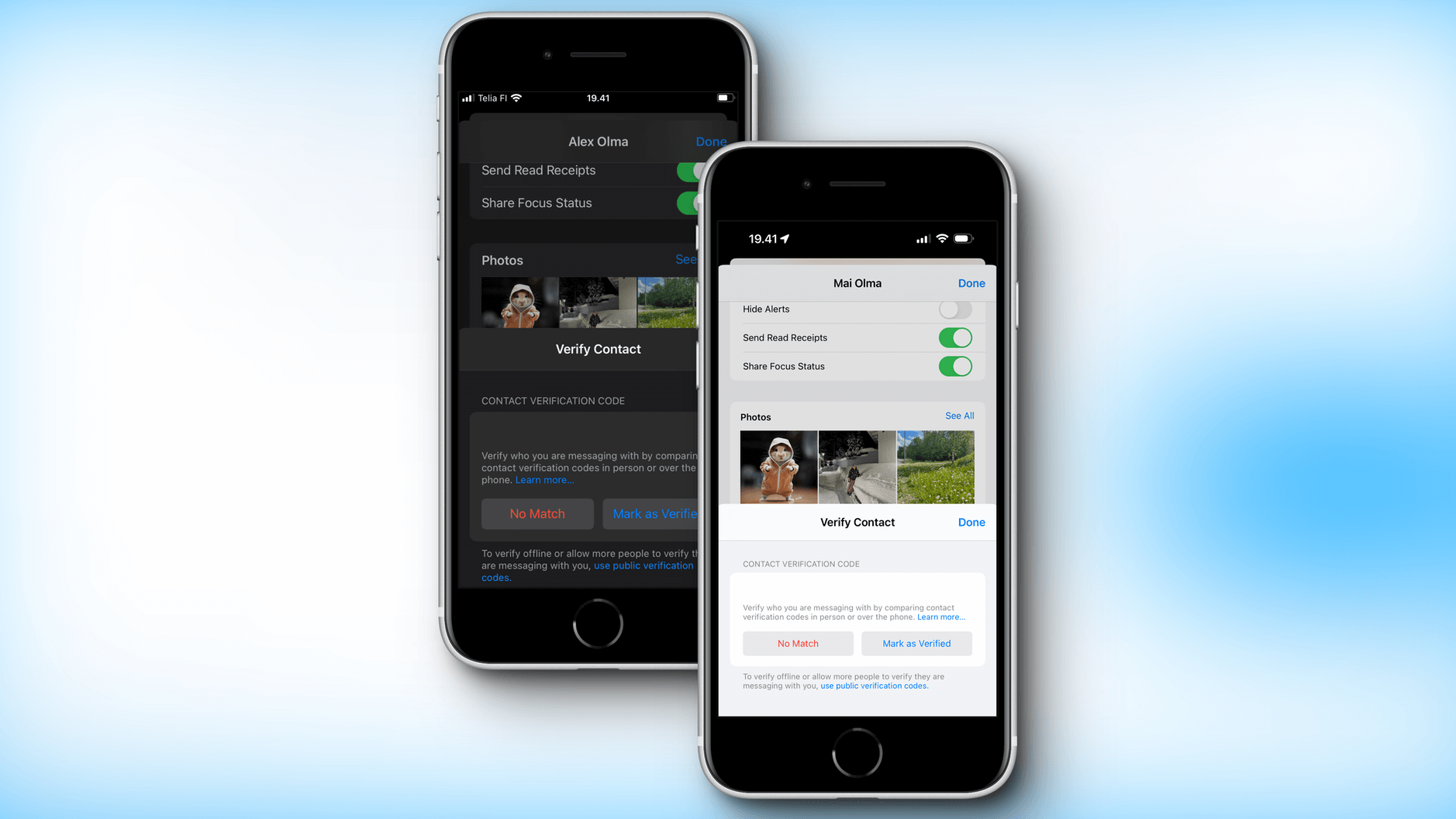 2x iPhone-Screenshots, die die iMessage-Kontaktschluesselbestätigung zeigen.