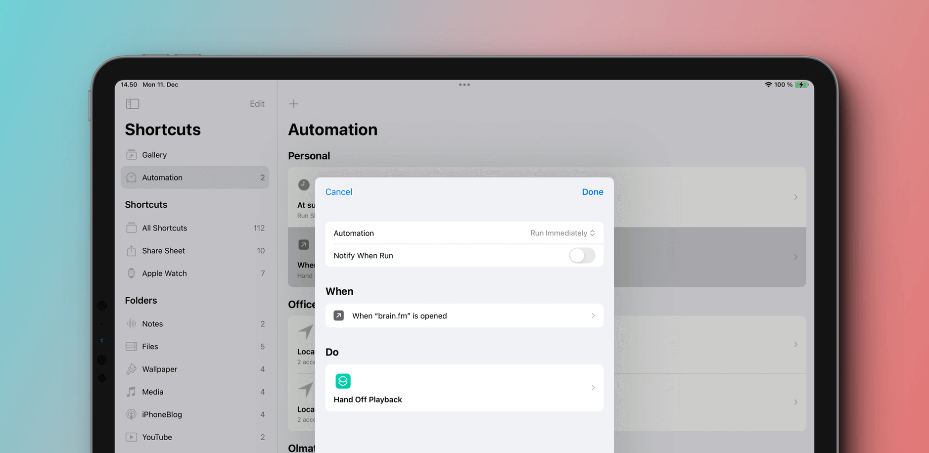 iPad-Screenshot zeigt Shortcut-Automation.