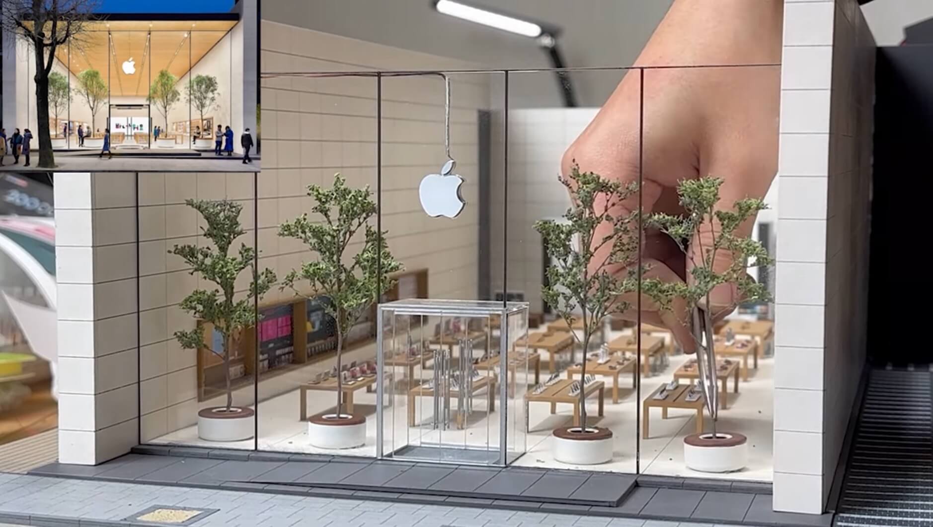 Bild zeigt skalierten Nachbau eines Apple Stores in Seoul und ein offizielles Pressebild der Front.